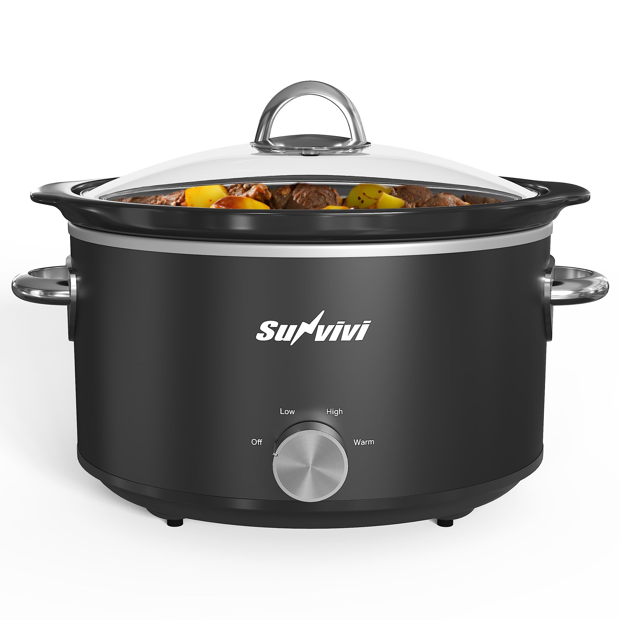 Sunvivi Small Slow Cooker 4QT, Mini Food Warmer with 3 Heating Settings, Removable Ceramic Pot, Dishwasher Safe Glass Lid, Stain