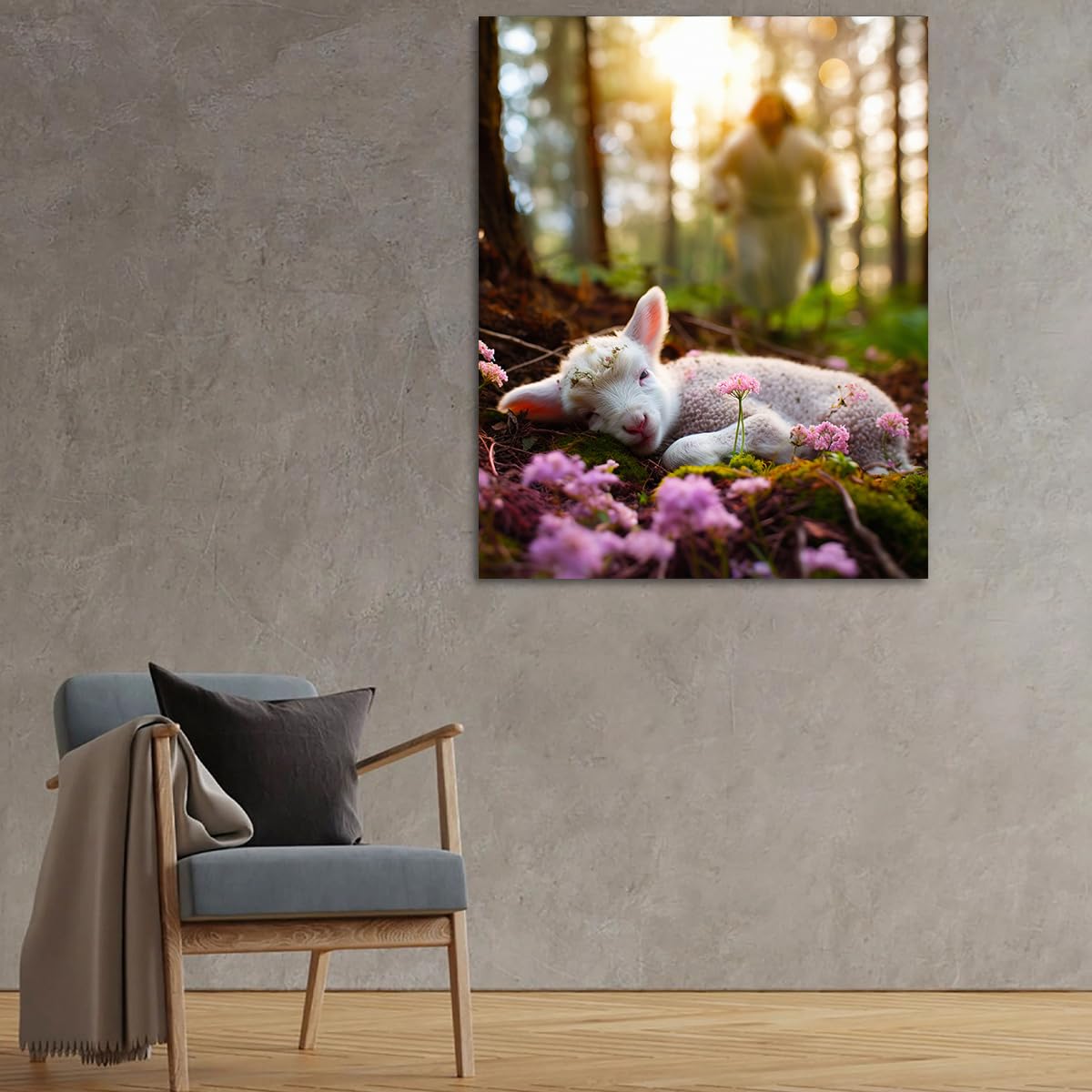Jesus And Lamb Canvas Wall Art Jesus Runs For The Lost Sheep In Spring Forest Picture Wall Art Canvas Print Christian Home Decor