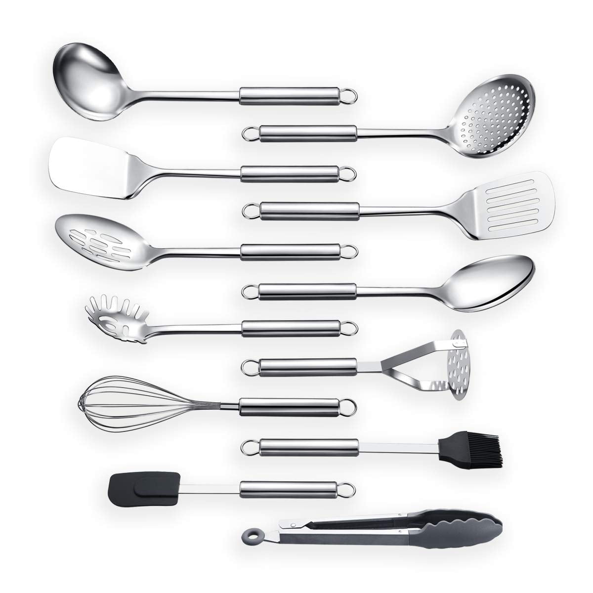 Berglander Cooking Utensil Set 12 Piece Stainless Steel Kitchen Tool Set  Include Cooking Spoon  Spatula  Whisk  Cooking Tong and etc (12 Pieces)