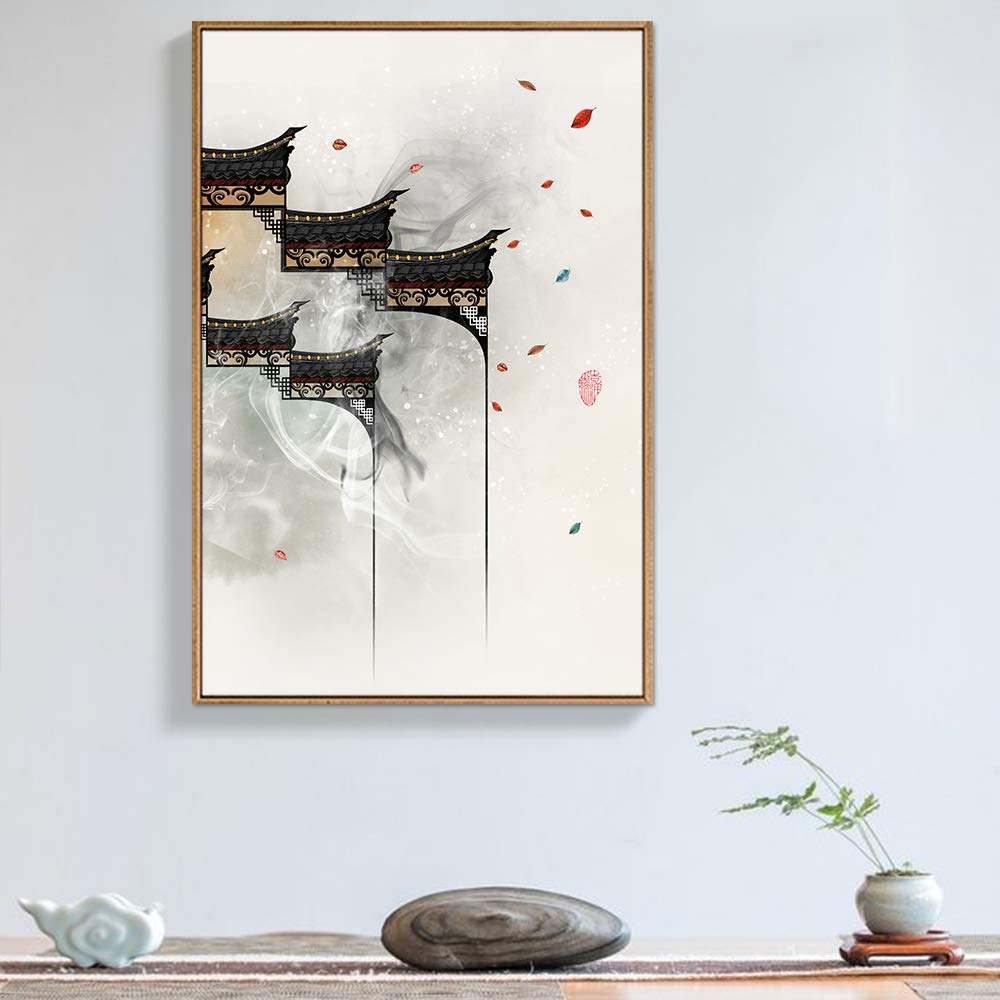 NWT Framed Canvas Print Wall Art Geometric Chinese Style Leaves & Architecture Nature Wilderness Illustrations Modern Art Rustic Colorful Pastel for Living Room  Bedroom  Office - 16''x24'' Natural