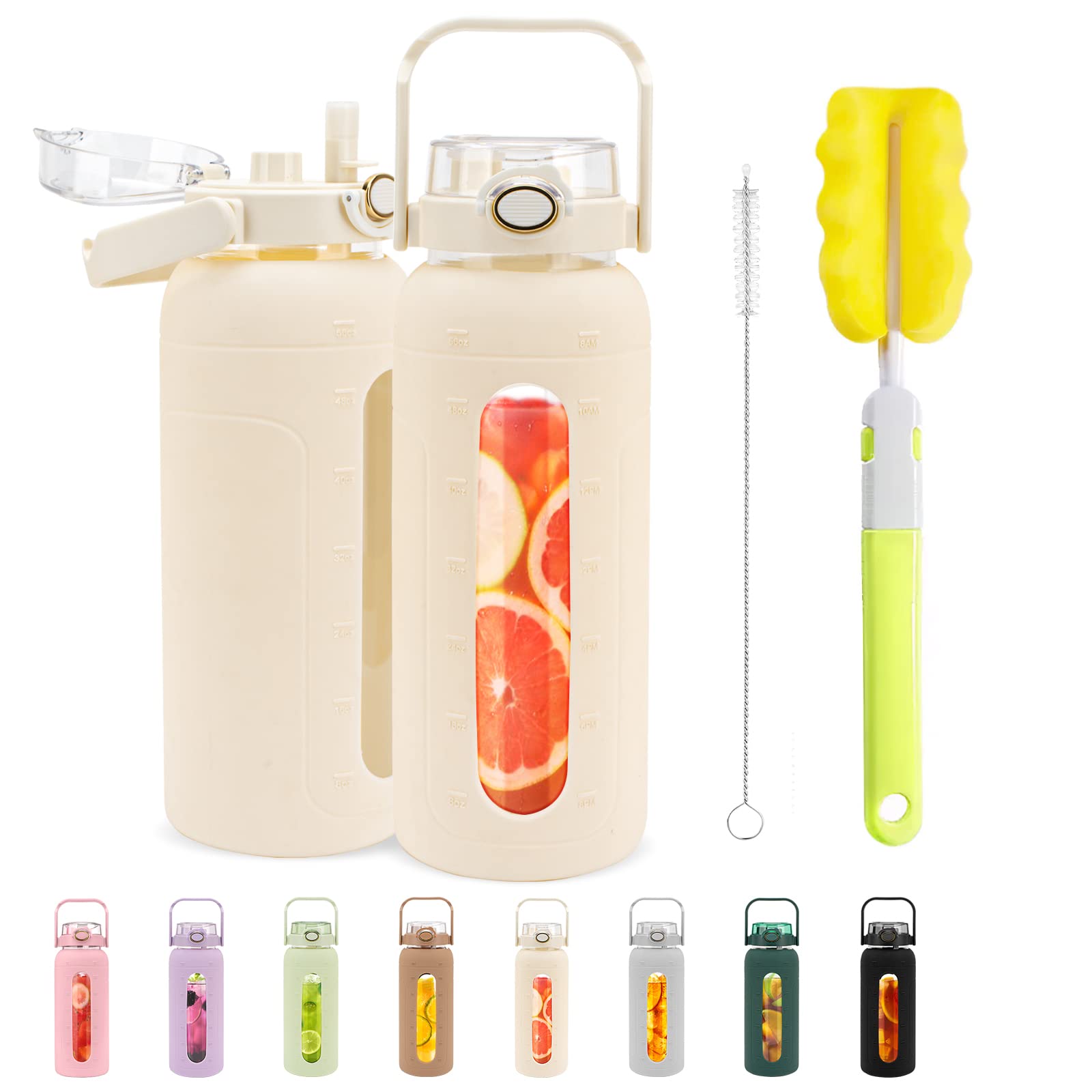 Tronco 64oz Glass Water Bottles with Straw Lid and Time Marker Half Gallon Large Motivational Water Bottle with Silicone Sleeve 