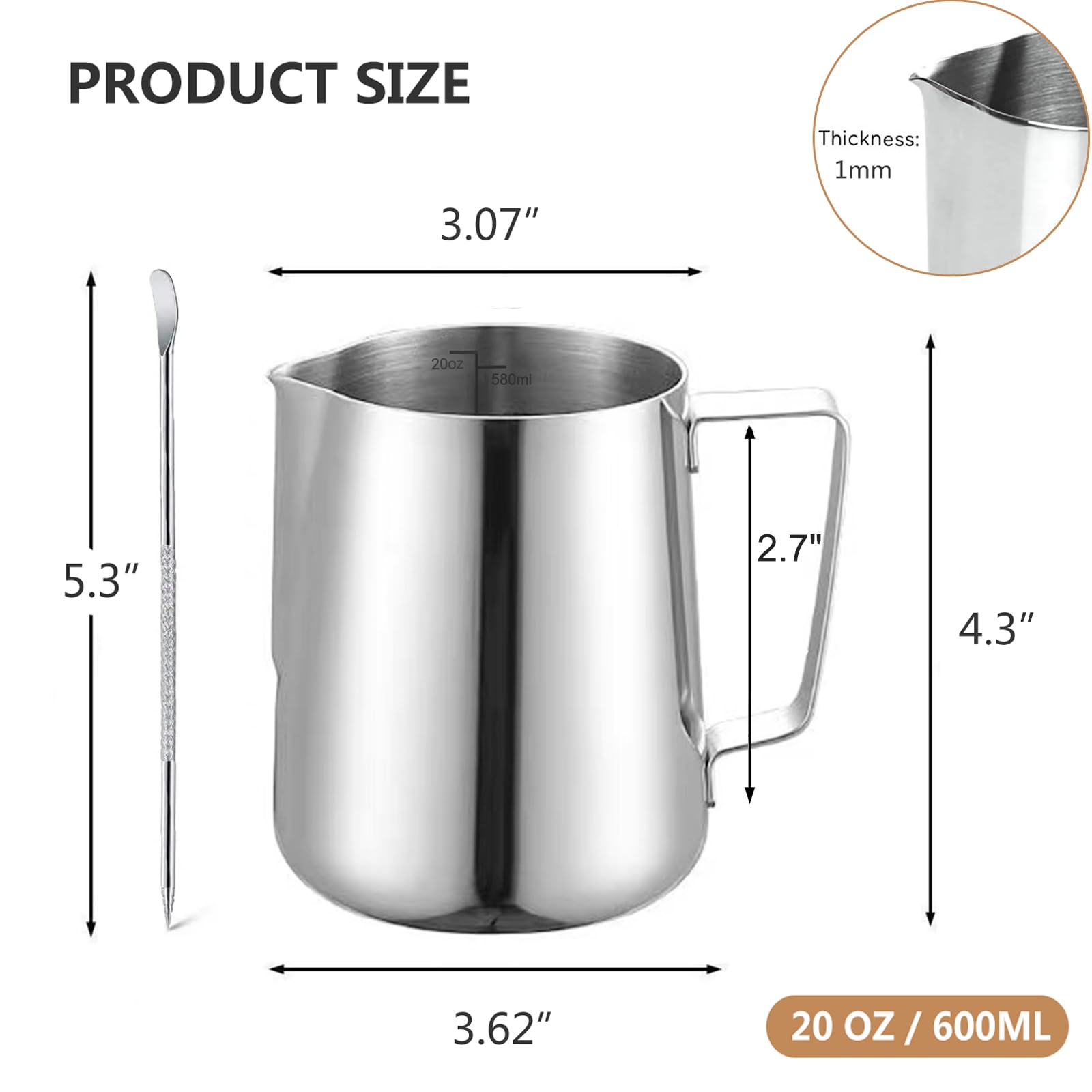 TooCust Stainless Steel Milk Frother Pitcher - 20oz Espresso Steamer Cup, Silver with Latte Art Pen for Coffee & Cappuccino