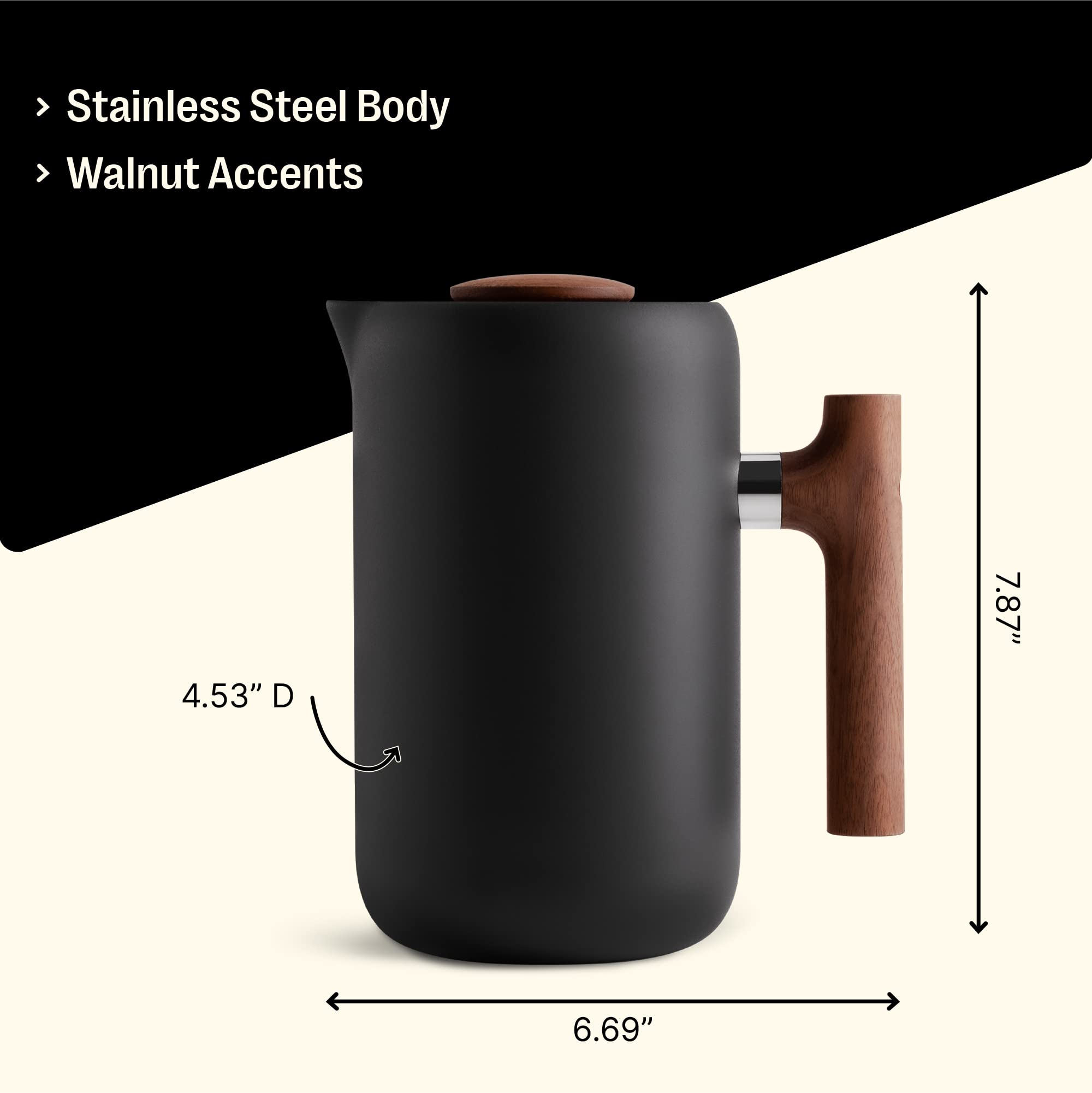 Fellow Clara French Press Coffee Maker - Portable Stainless Steel Coffee Press, Insulated Manual Brewer, Matte Black With Walnut