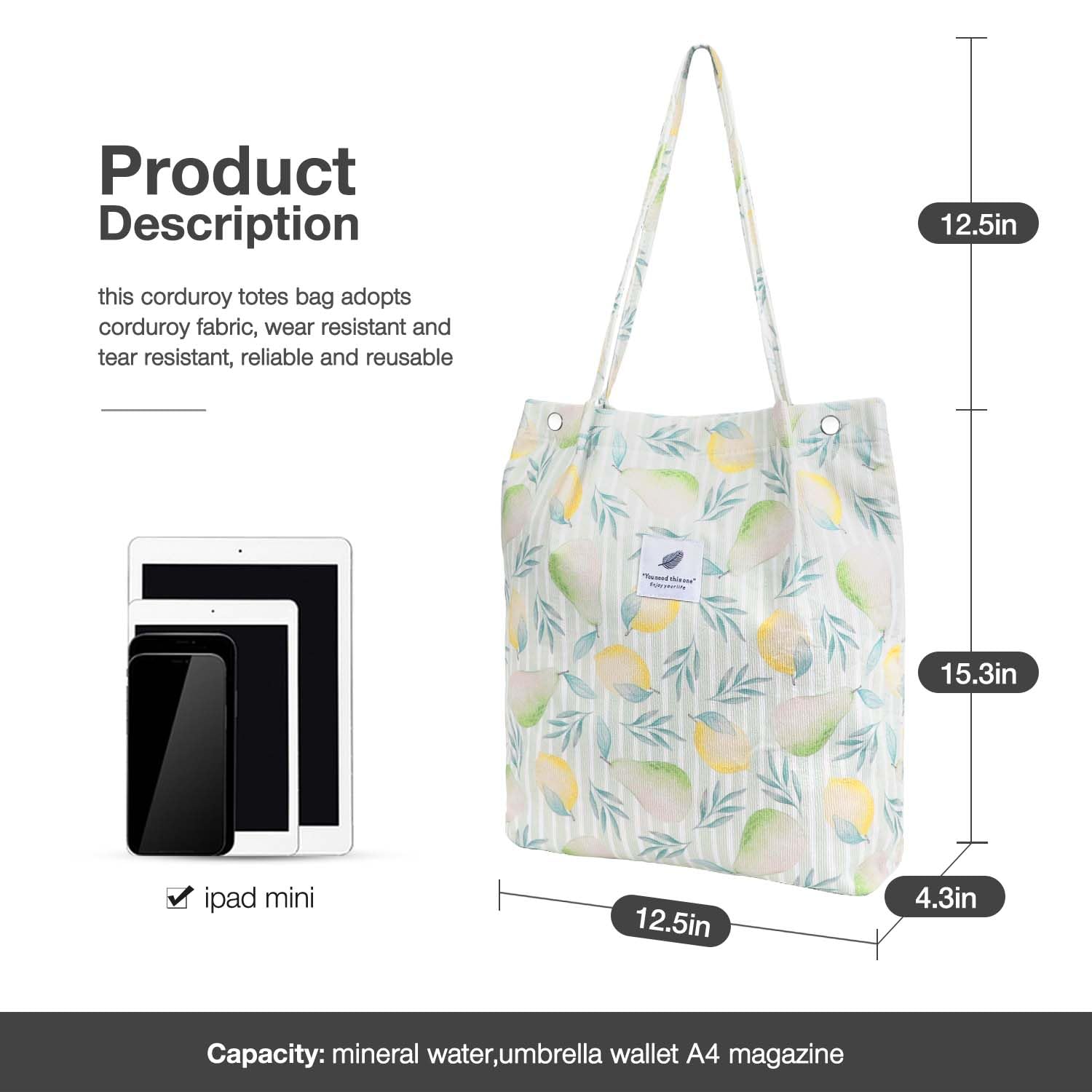 Lhmtqvk Corduroy Tote Bags For Women, Large Capacity Corduroy Bag Reusable Grocery Shoulder Bag With Inner Pockets(Pear)