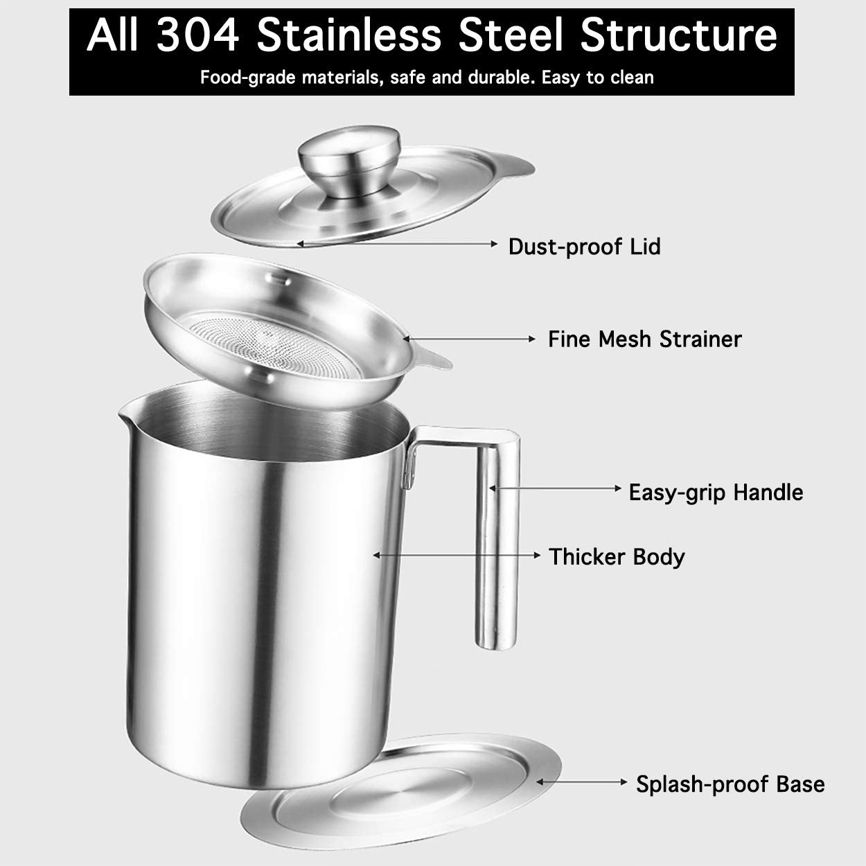 Sumerflos 1.8 L/1.9 Quart Stainless Steel Grease Strainer And Container - Large Oil Storage Pot Grease Keeper With Dust-Proof Li