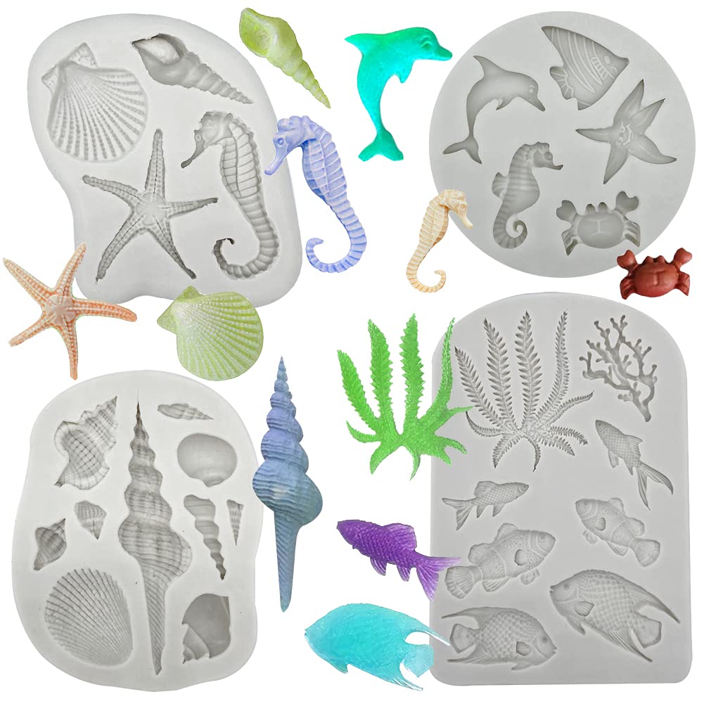 4Pcs Marine Theme Fondant Silicone Mold Seaweed Sea Fish Crab Coral Conch Sea Shells Shape Diy Handmade Baking Tools