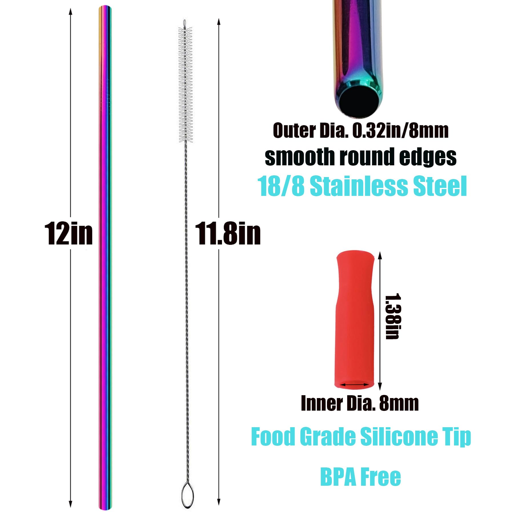 Wobye 12'' Tall Metal Straws Replacement For Stanley Quencher 64 40 30Oz Cup, 4 Pack Long Stainless Steel Straw With Silicone Ti