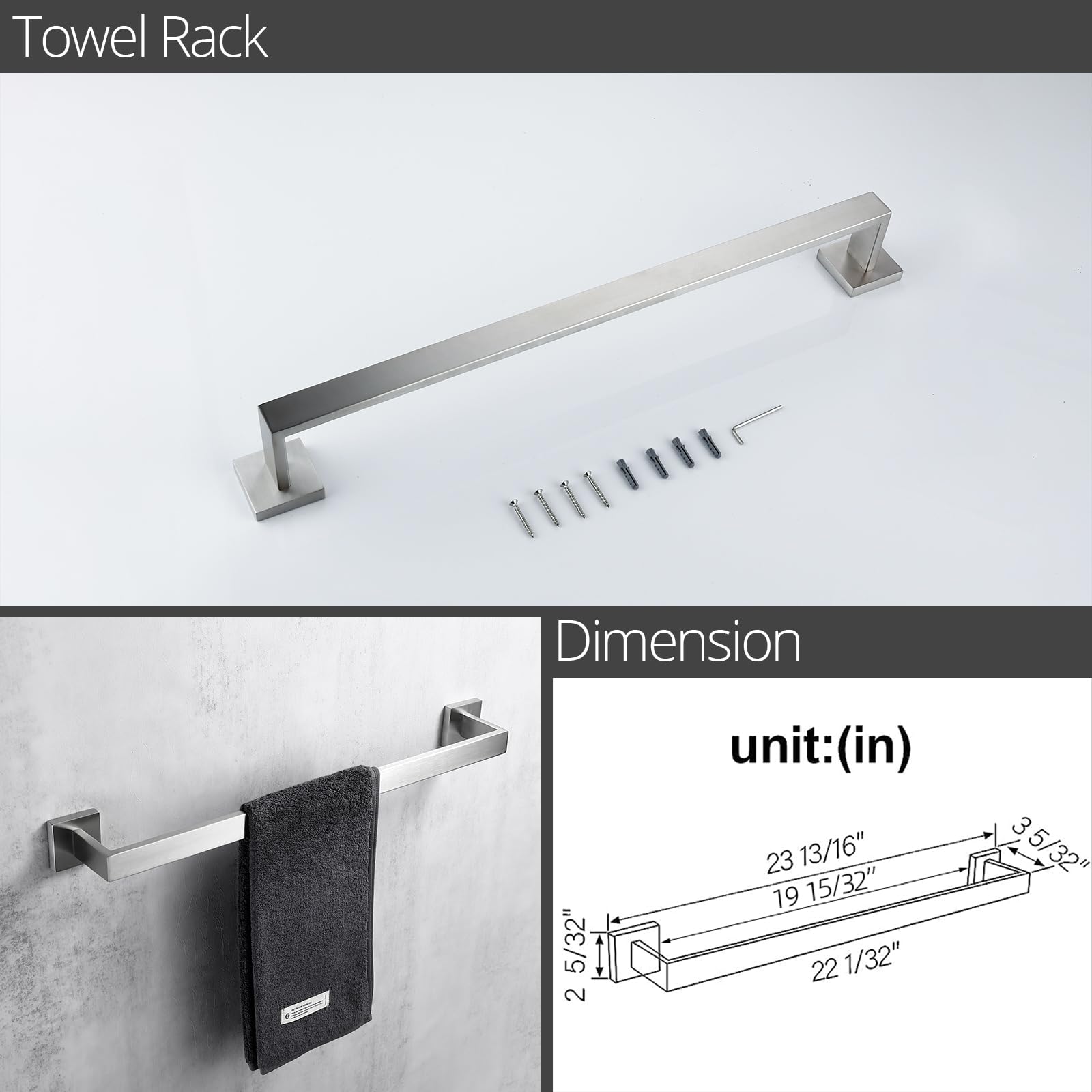 BAGNOLUX Brushed Nickel Bathroom Accessories Set  Stainless Steel 4-Piece Wall Mounted Bath Towel Bar Set Heavy Duty  23.6 Inch