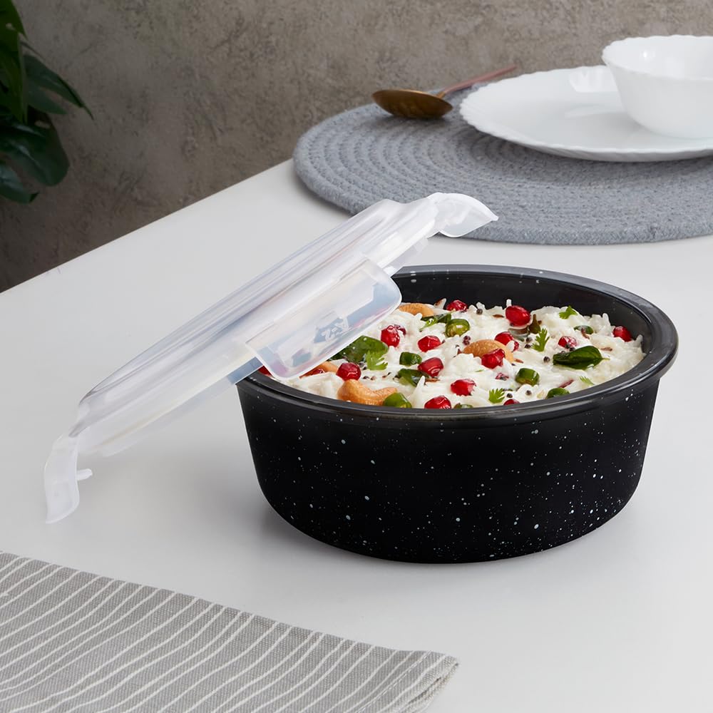Borosil 620 Ml Pebble Black Food Storage Container With Air Tight Lid | Round Shape Borosilicate Glass Organiser | Microwave & D