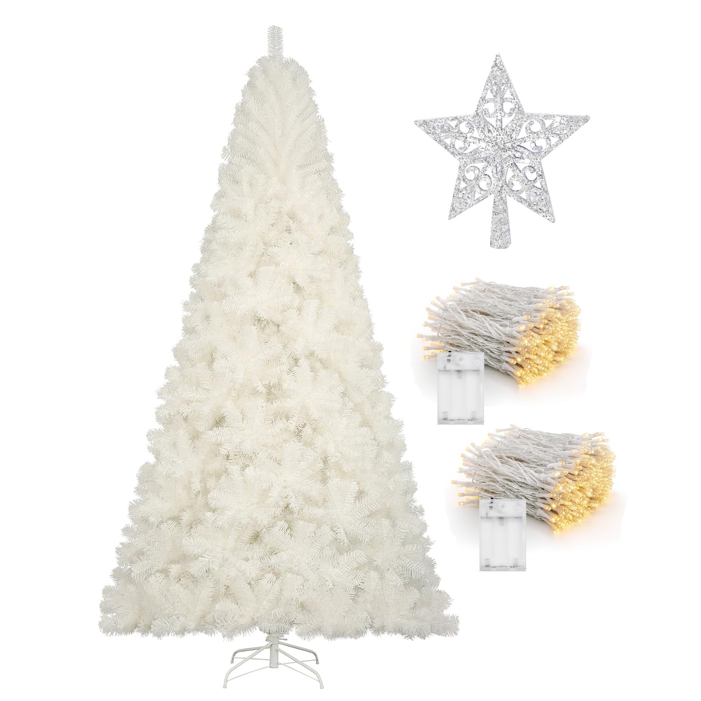 6ft White Christmas Tree, Xmas Tree Artificial Christmas White Trees with 1005 Branch Tips and Decorations(1pcs Top Star, 2set 2