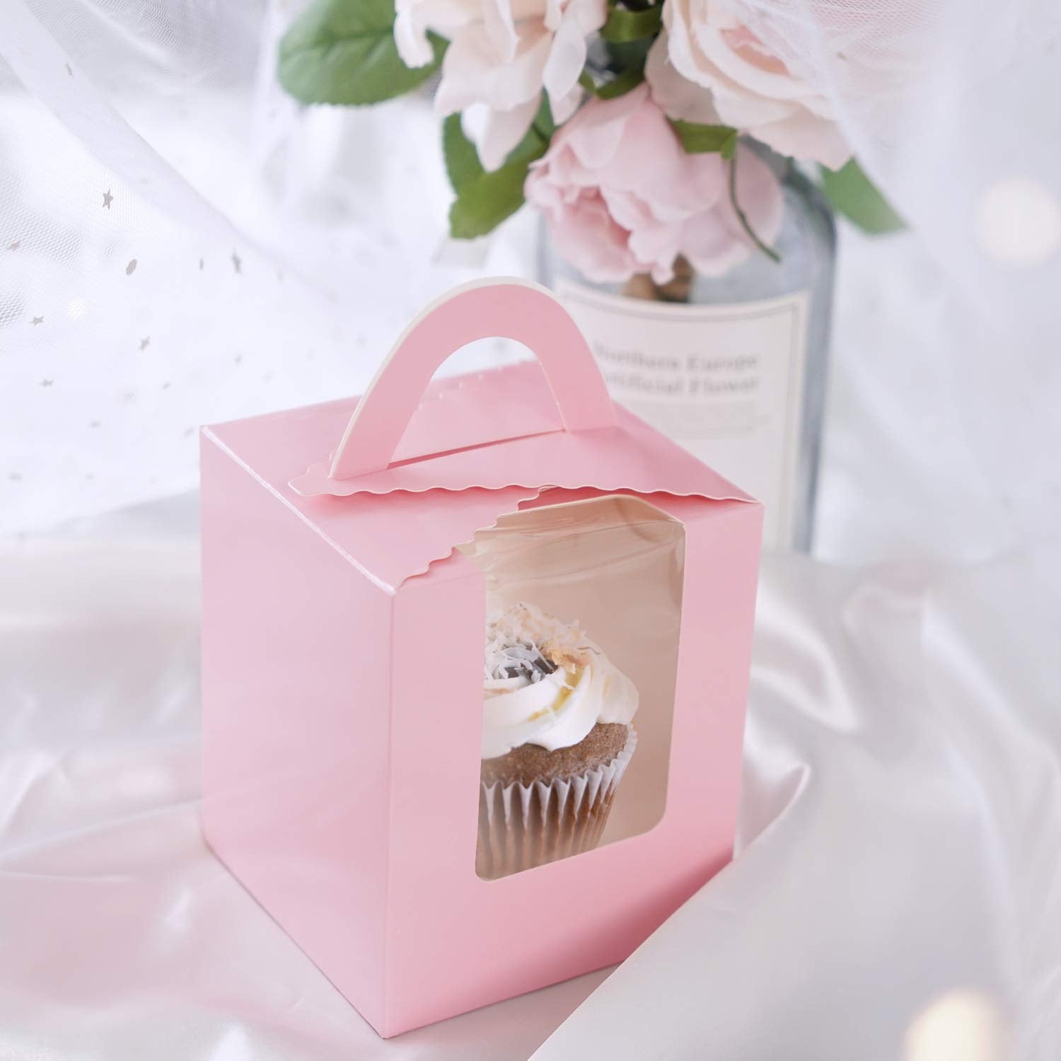 EUSOAR Individual Cupcake Boxes  25pcs 3.6''x 3.6''x 4.3'' Single Cupcake Carrier Containers  Muffin Cupcake Gift Boxes with Window Inserts Handle  for Wedding Birthday Party Treats Gift Packaging Boxes