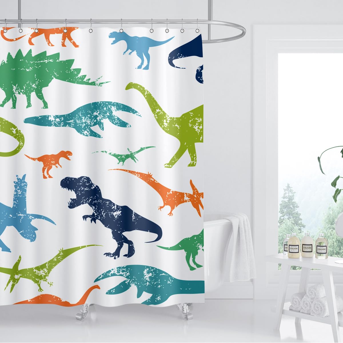 Zxmbf Dinosaur Shower Curtain Colorful Kid Cartoon Jurassic Children Dino Elasmosaurs Themed Bath Curtain Waterproof Fabric Bath