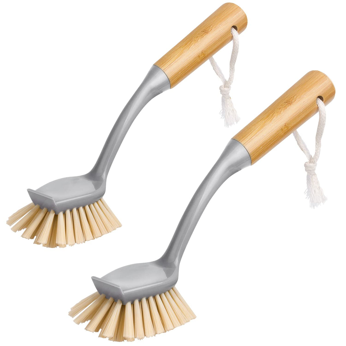 Mr.Siga Dish Brush With Long Bamboo Handle Built-In Scraper, Scrub Brush For Pans, Pots, Kitchen Sink Cleaning, Pack Of 2