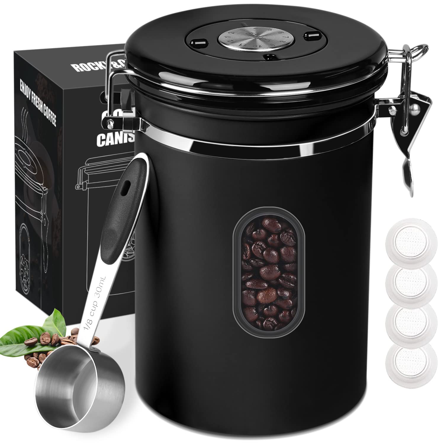 1800Ml Airtight Coffee Canister With Date Tracker&Transparent Window, 22.8Oz Coffee Container With 30Ml Measure Spoon&4 Co2 Valv