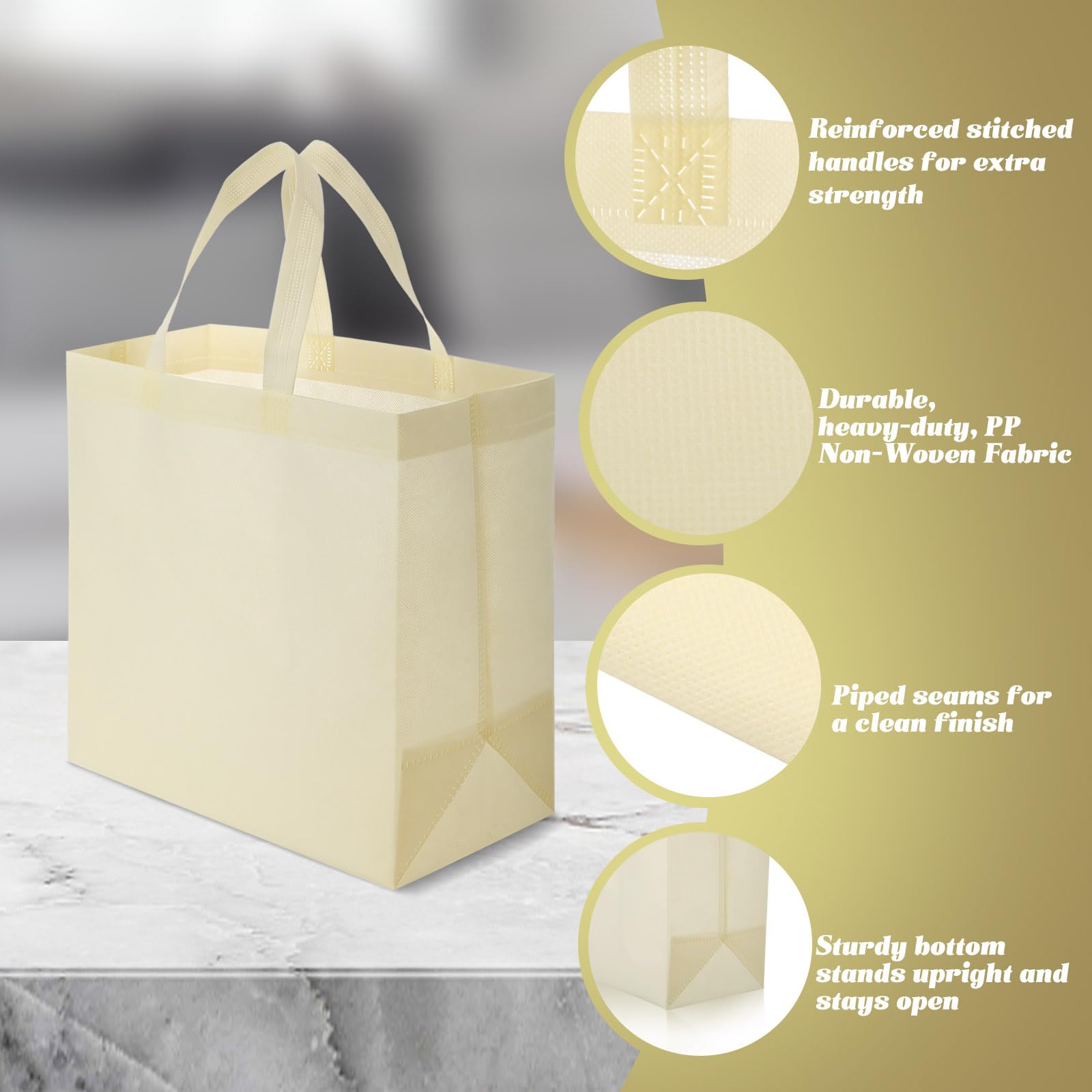 100 Pieces Reusable Totes Bag Set Non Woven Grocery Bag With Handles Fabric Portable Tote Bag Bulk(Beige)