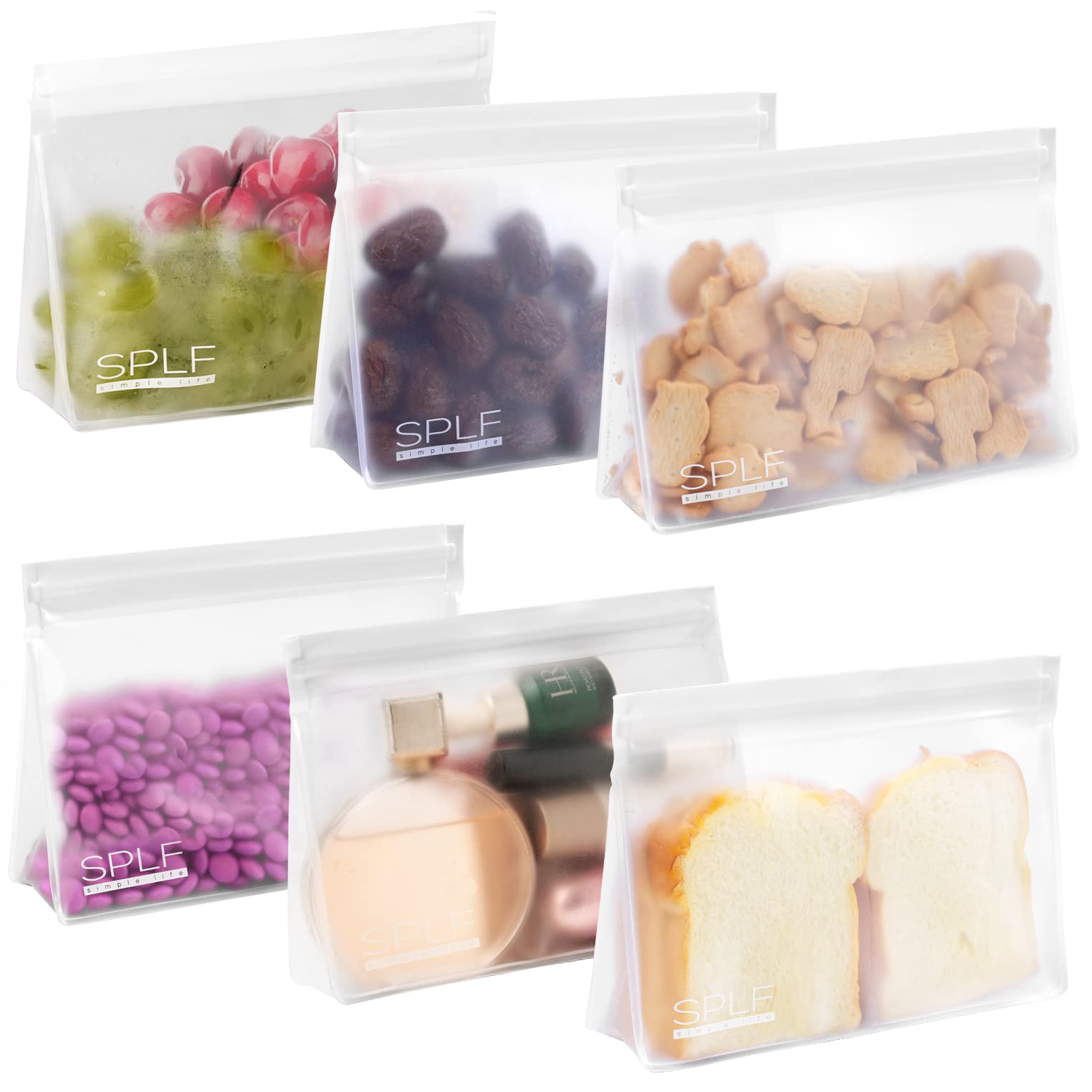 SPLF 6 Pack Dishwasher Safe Reusable Sandwich Bags, Quart freezer bags, Reusable Food Storage Bags, BPA FREE Stand Up Extra Thic