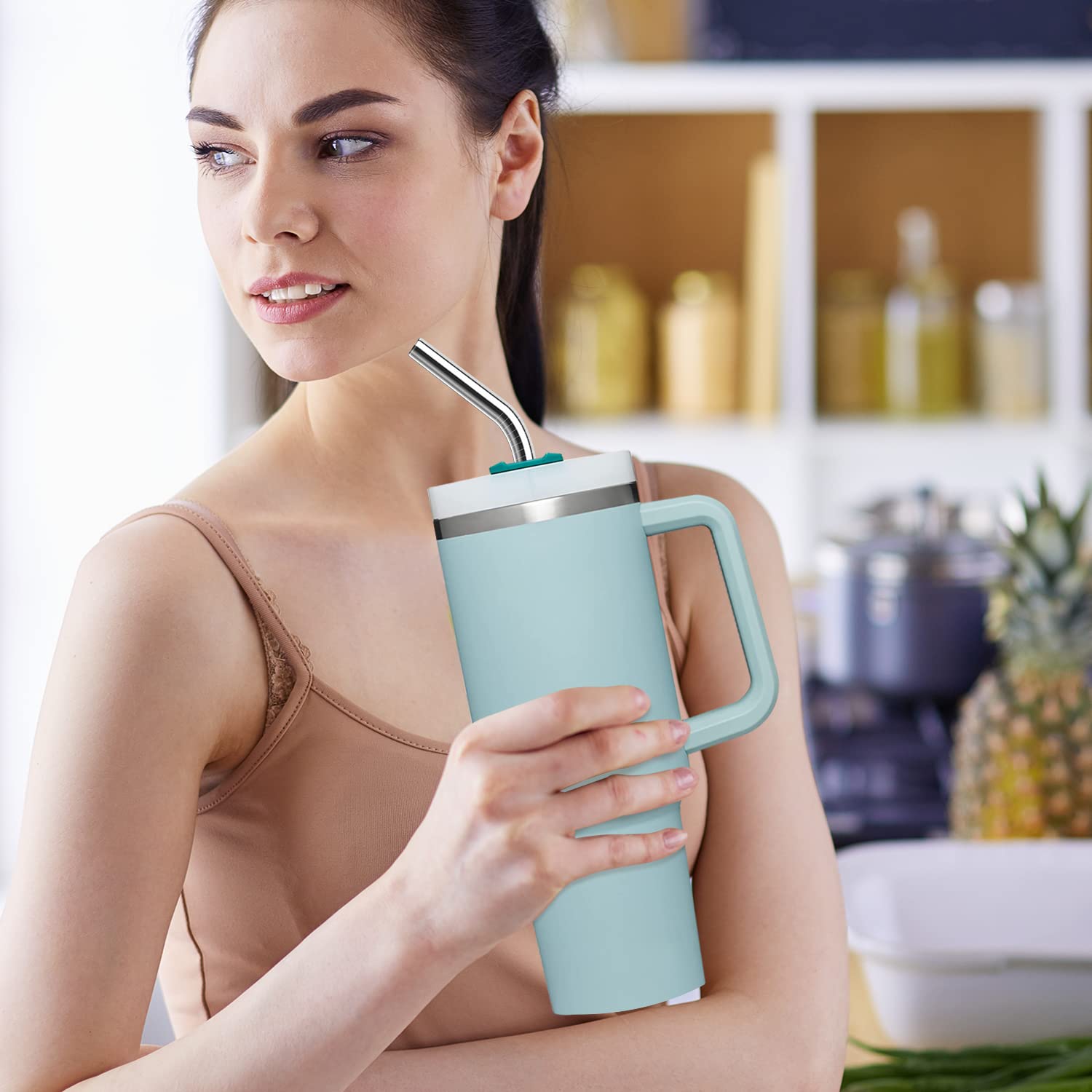 6 Pack Stainless Steel Straw Replacement 40 Oz For Stanley Adventure Travel Tumbler, Reusable Straws With Cleaning Brush Compati