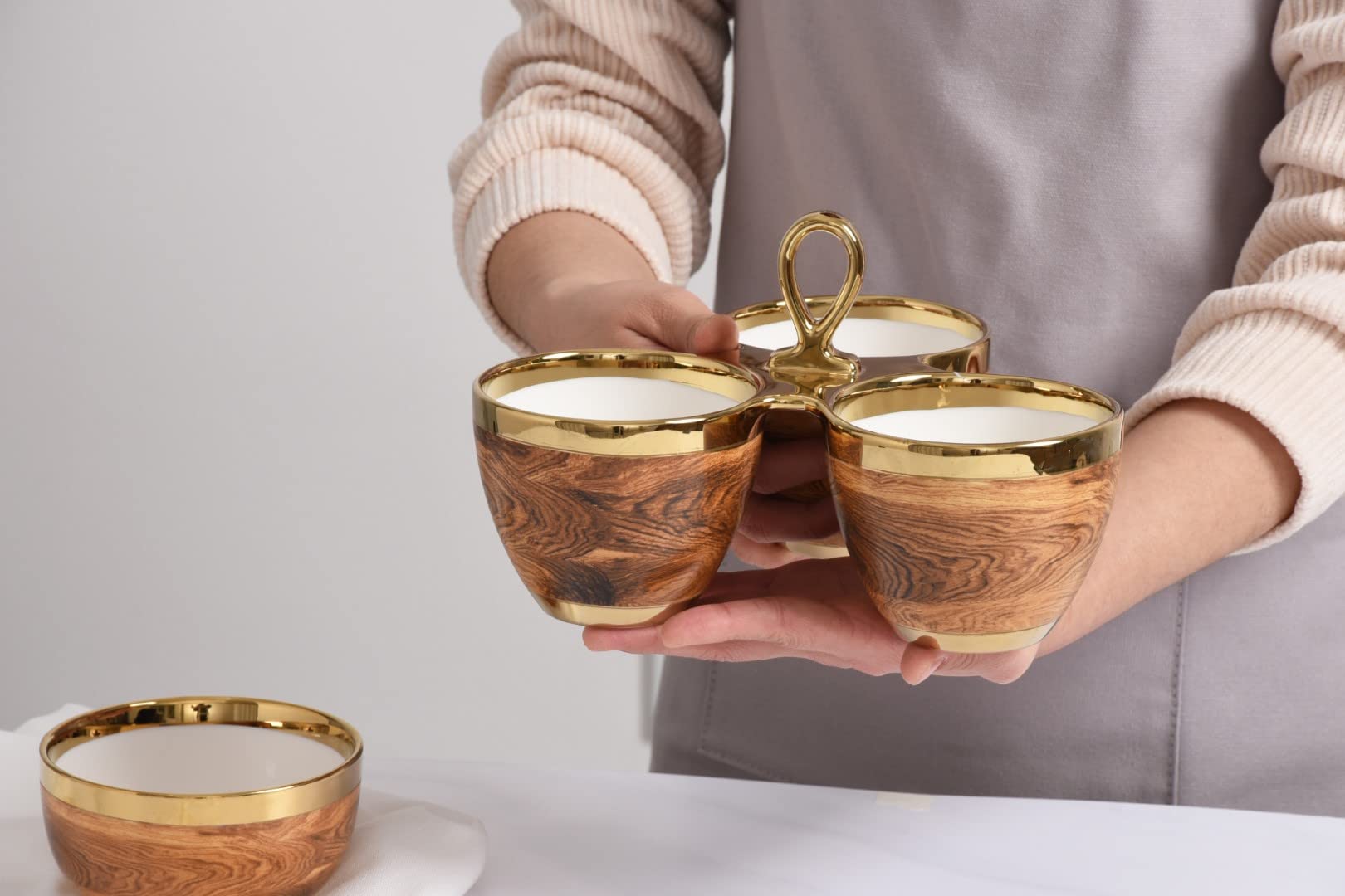 Pampa Bay Wood Look Titanium-Plated Porcelain 3 Part Server, 8.8 X 5.5 Inch, Gold/White/Wood Look