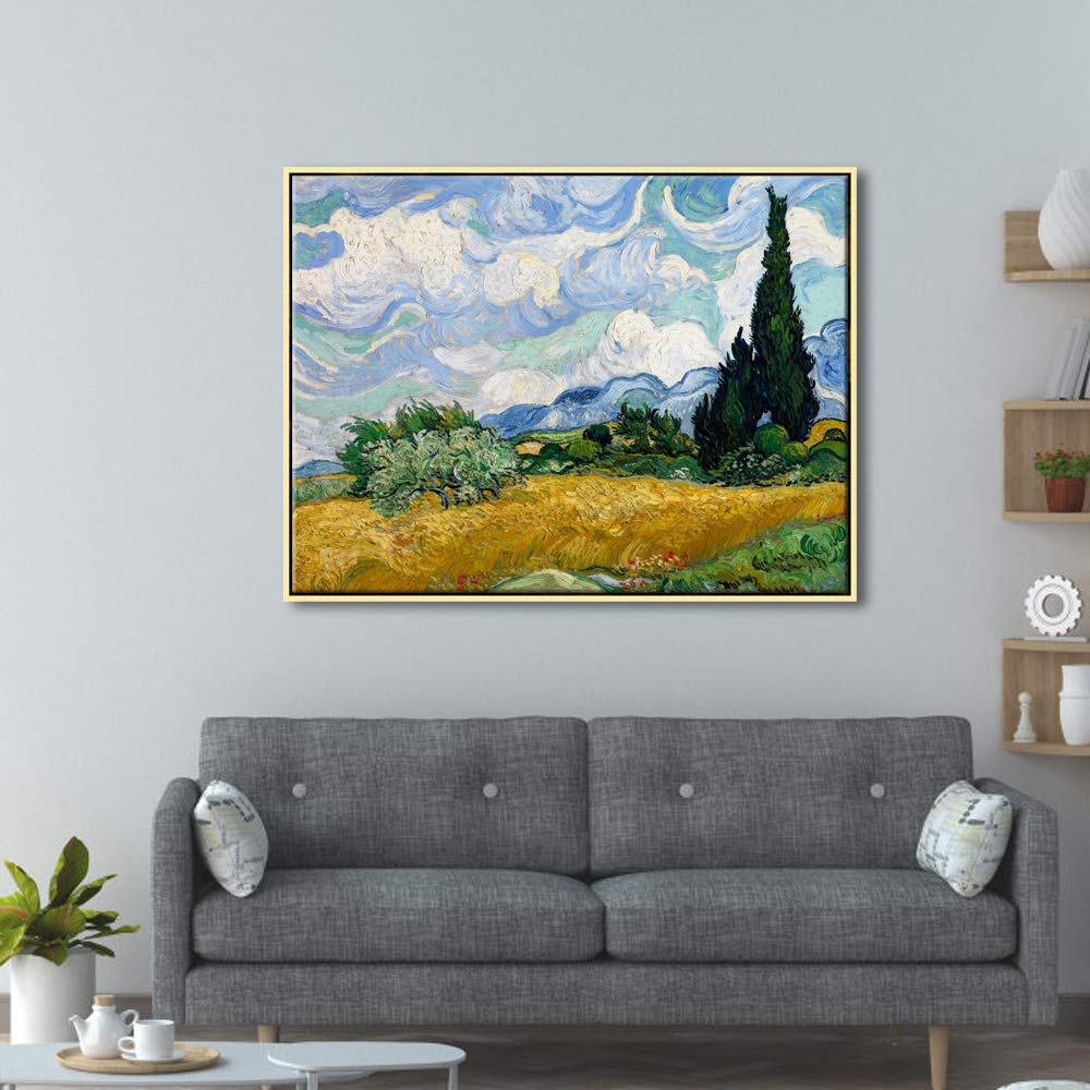 Wieco Art Framed Canvas Art Wheat Field With Cypresses By Van Gogh Classical Paintings Reproduction Modern Canvas Print Wall Art