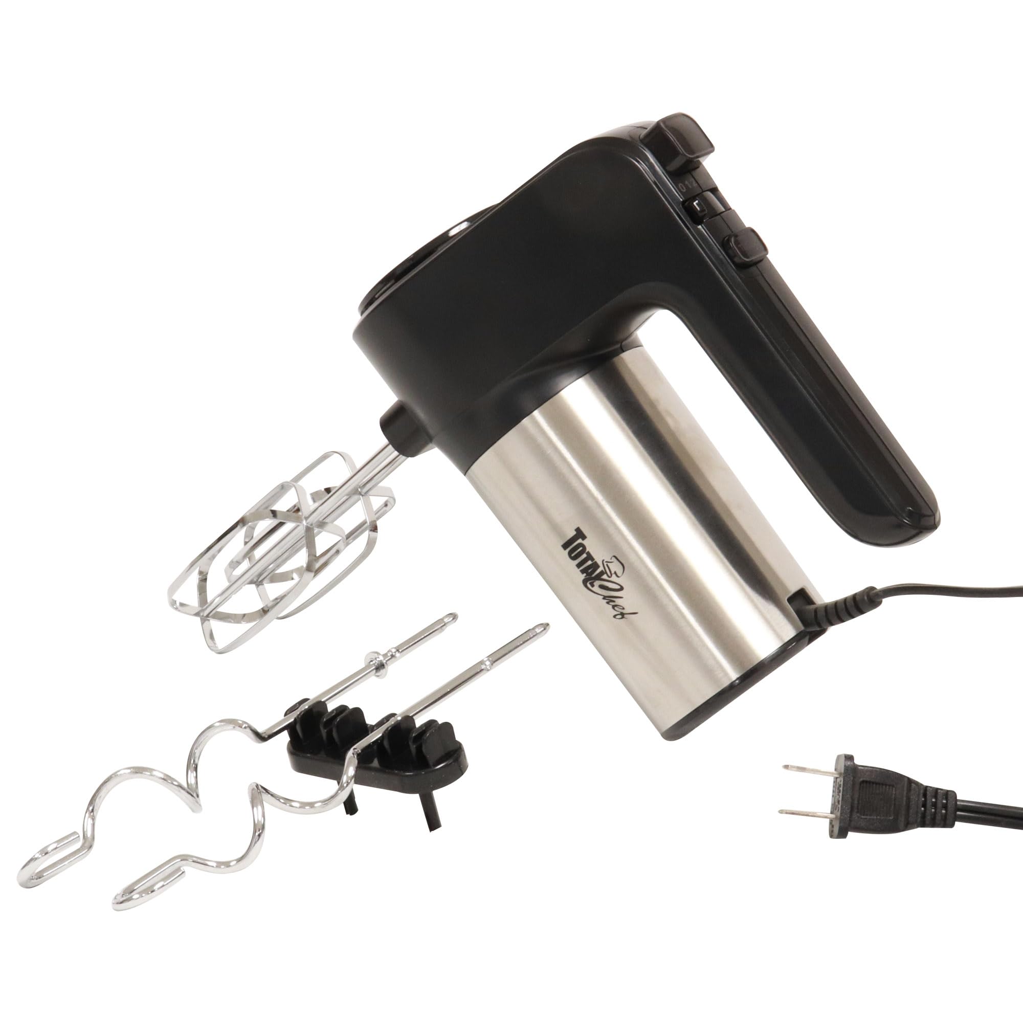 Total Chef 6-Speed Electric Hand Mixer With Stainless Steel Beaters And Dough Hooks Clip-On Storage 250 Watt Motor With Turbo Bo