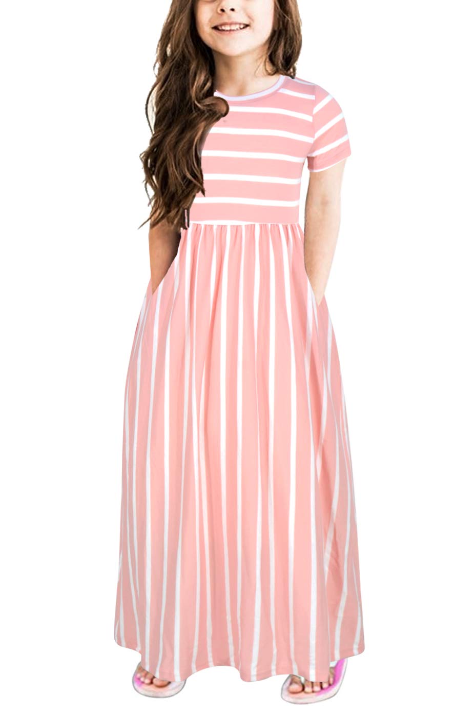 Gorlya Girls Short Sleeve Floral Print Loose Casual Holiday Long Maxi Dress With Pockets 4-12 Years (6-7Yearsheight:120Cm, Pink