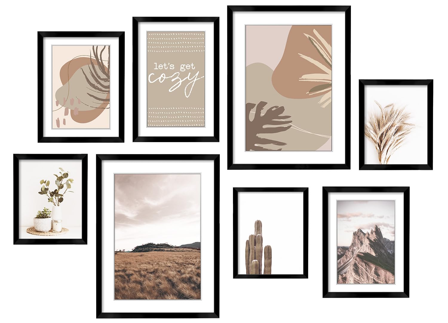 ArtbyHannah 8-Pack Black Framed Gallery Wall Art with Neutral Decorative Art Prints  Picture Frames Collage Modern Wall Decor with Multi-Size 11x14 x2pcs  8x10 x4pcs  6x8 x2pcs