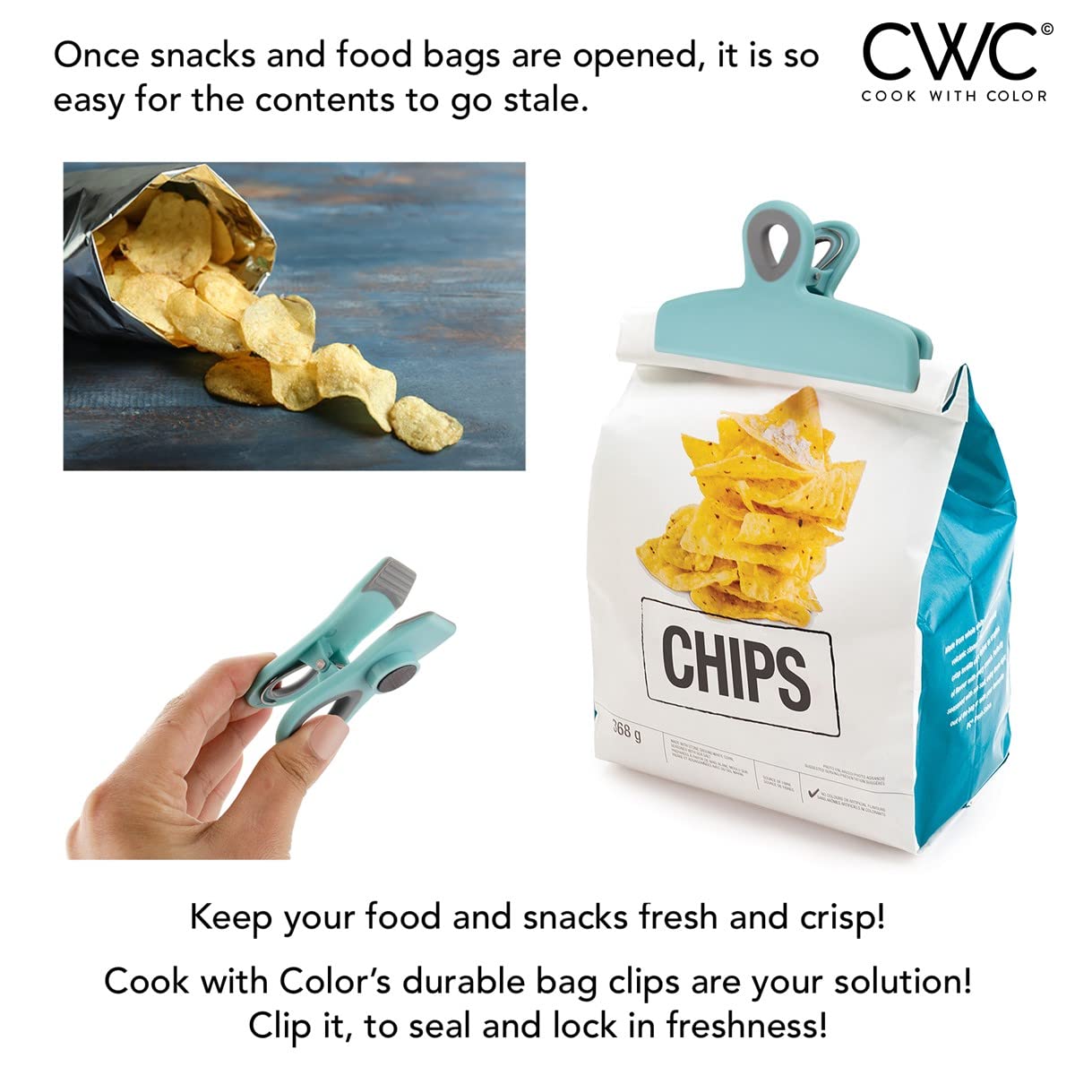 Cook With Color Set Of 8 Bag Clips- 2 Large Heavy Duty Chip Clip And 6 Refrigerator Magnet Clips For Food Storage With Air Tight