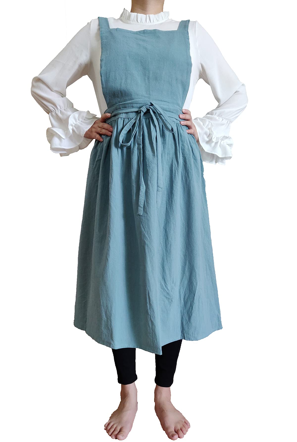Losofar Women Girls Vintage Apron Gardening Works Cross Back Pinafore Dress (Green(No Pocket), 33''X 29'')