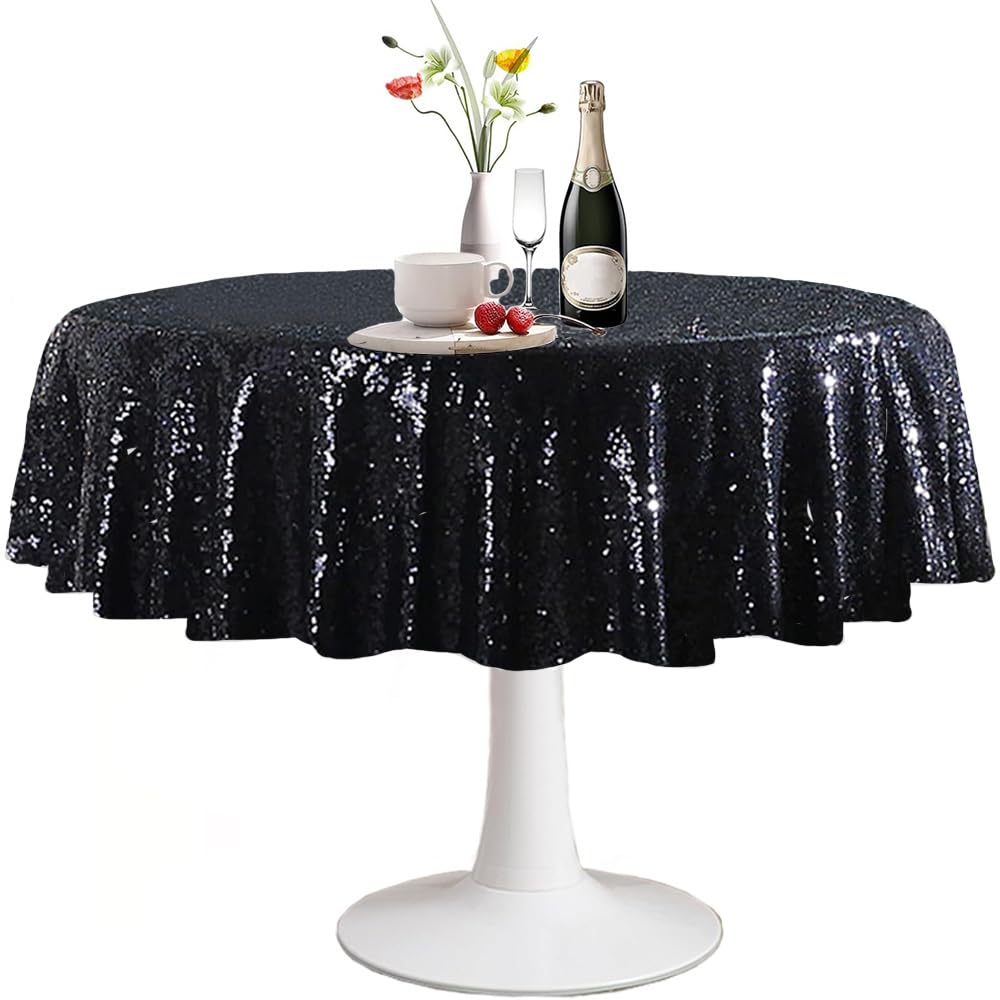 Fyledaee Black Round Sequin Tablecloths For Parties,48 Inch Glitter Table Cover Fitted Small Cute Sweet Table For Wedding Birthd