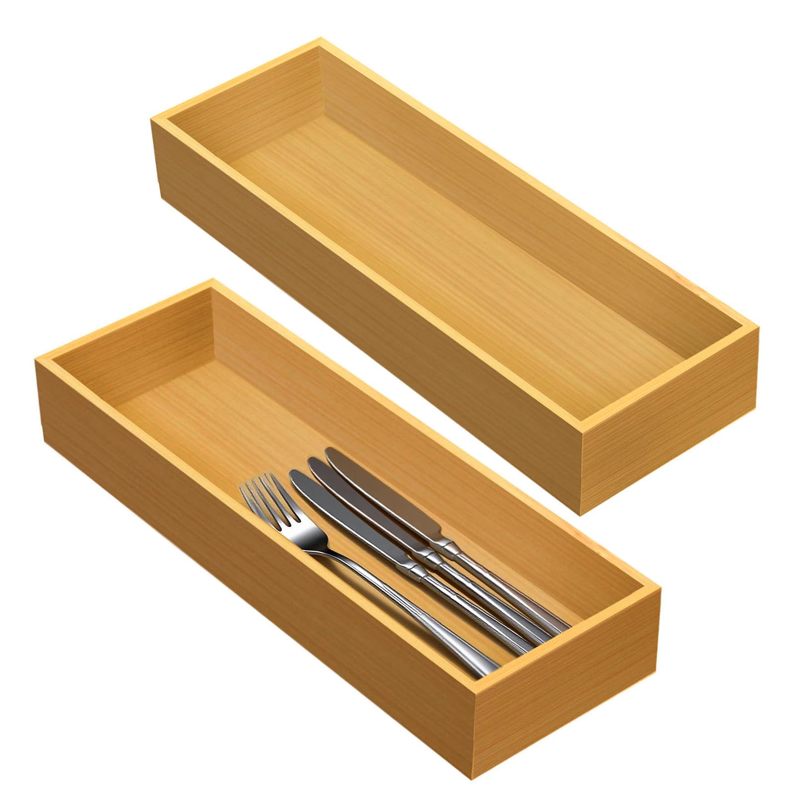 guiogc Set of 2 Bamboo Drawer Organizer, Stackable Utensil Organizer for Kitchen, Bamboo Storage Box Wood Silverware Tray for Dr