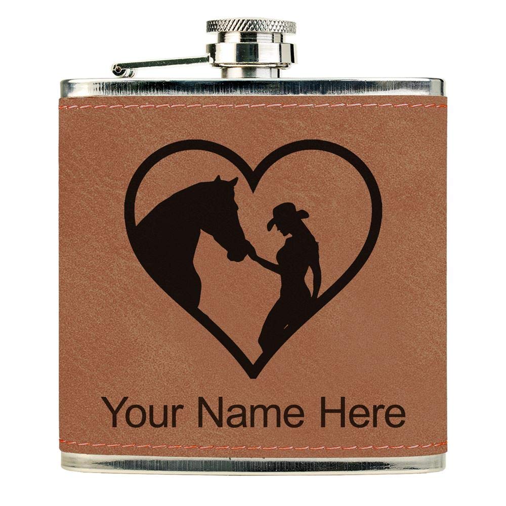 Faux Leather Flask, Horse Cowgirl Heart, Personalized Engraving Included (Dark Brown)