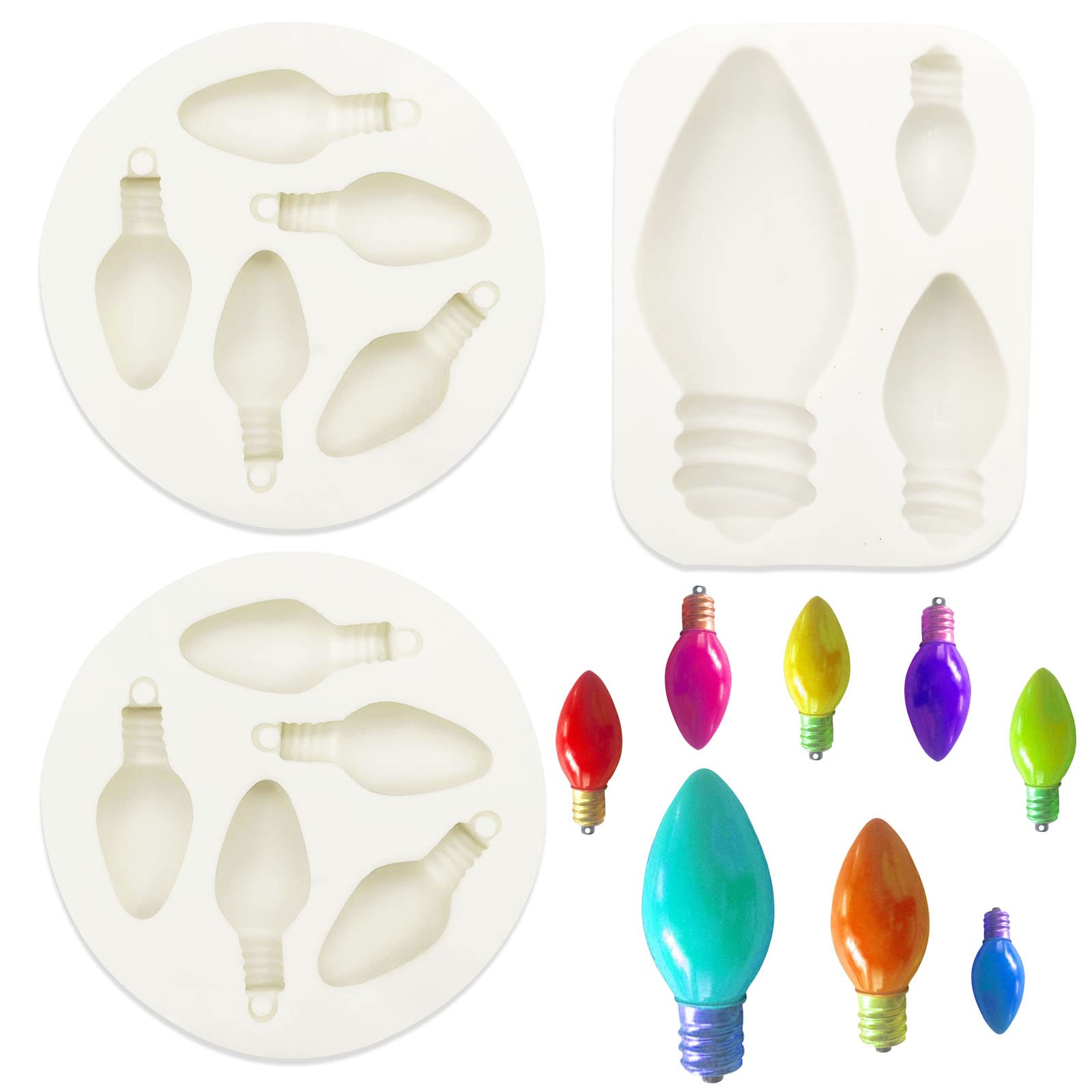 Kuuguu 3 Pcs 3D Light Bulb Fondant Silicone Molds, Glossy Shiny Light Bulb Keychain Silicone Mold With Hole For Diy Cupcake Topp