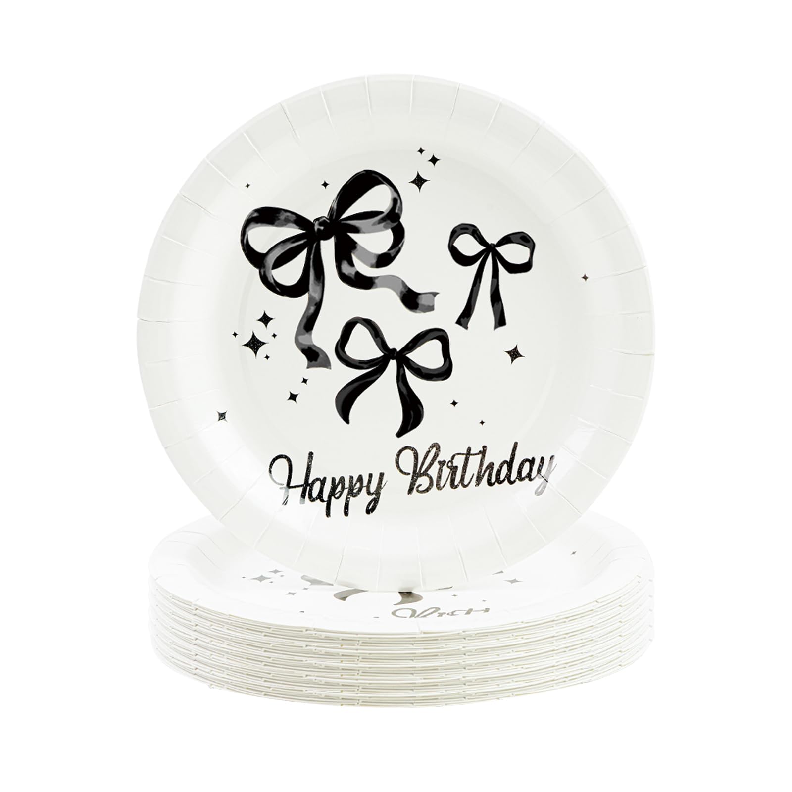 HFBOBP 50PCS Black Bow Birthday Paper Plates Party Supplies, 7Inch Coquette Birthday Dessert Cake Plates Bowknot Theme Tableware