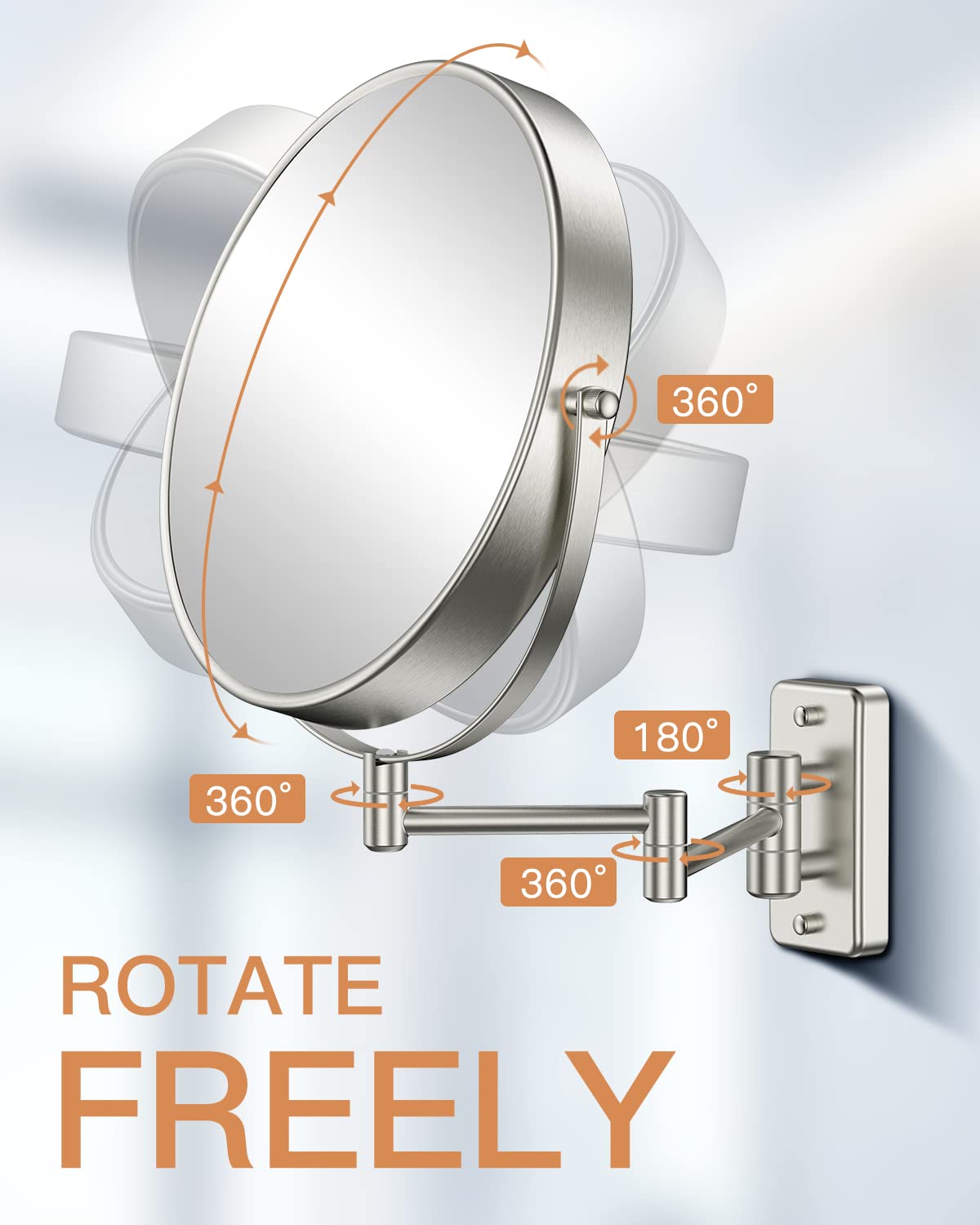 Benbilry 9'' Large Size Wall Mounted Makeup Mirror With 10X Magnification, Extendable Double Sided Vanity Mirror, 360