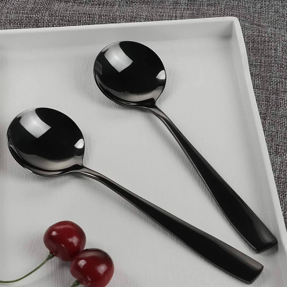 Teyyvn 16-Piece Round Soup Spoons, Black Stainless Steel Bouillon Spoon