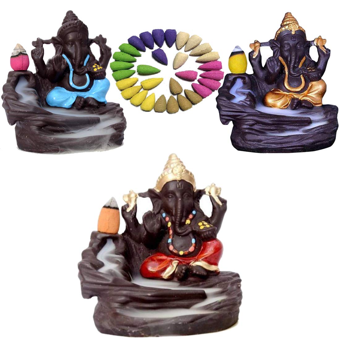 BG Bazzar Gali Set of 3 pcs. Lord Bal Ganesha Smoke Fountain Ceramic Incense Burner with 30 Backflow Cones Incense with Each Gan