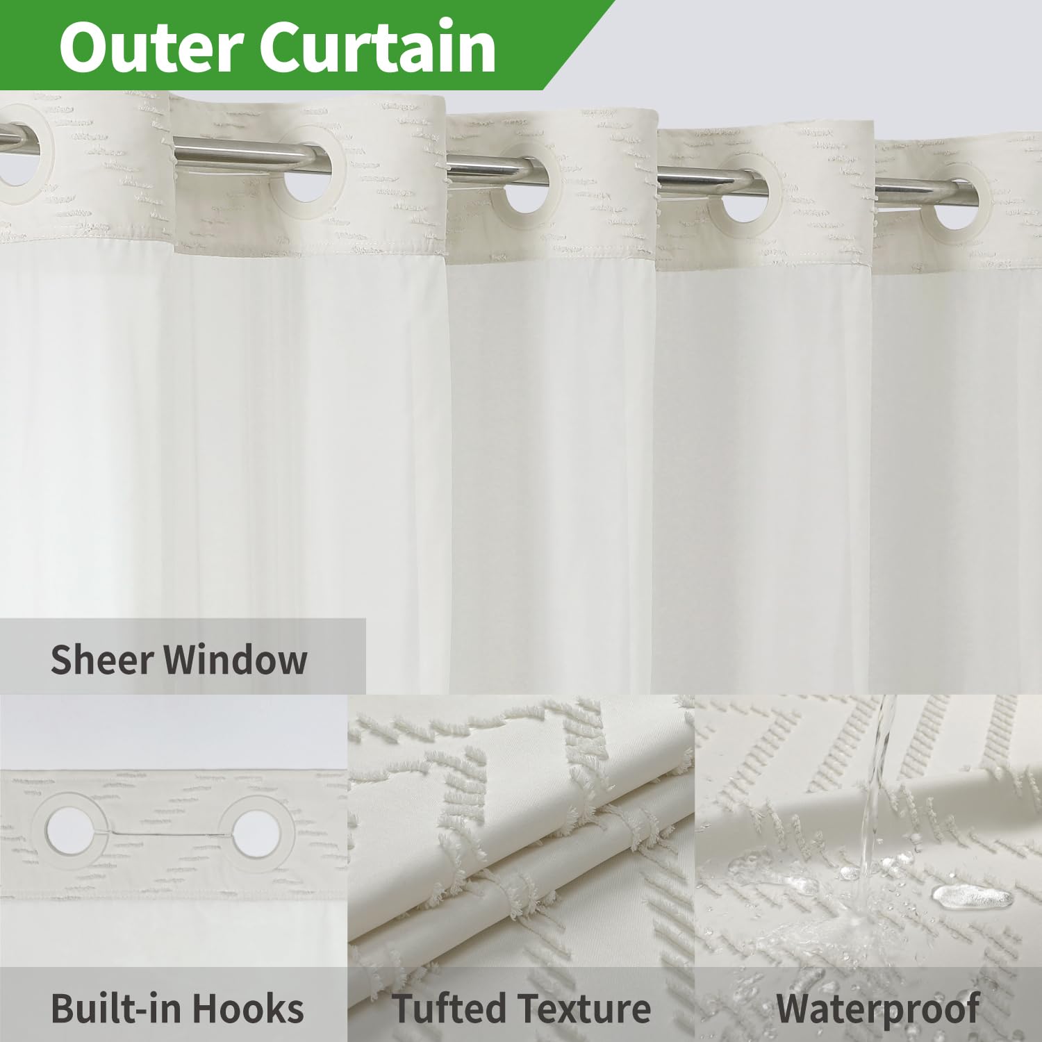 Eachope Long No Hook Tufted Chevron Striped Shower Curtain With Snap-In Fabric Liner Set-71Wx80H(78H),Cream Hotel Grade Boho Sty