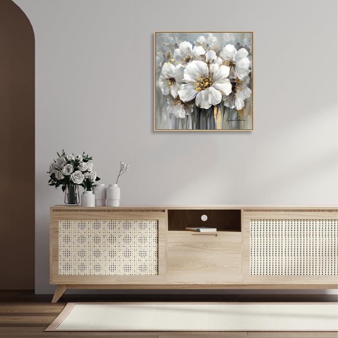 Living Room Flowers Wall Art White And Gray Floral Pictures With Gold On Canvas For Home Decor Framed 24X24, Solid Wood Frame