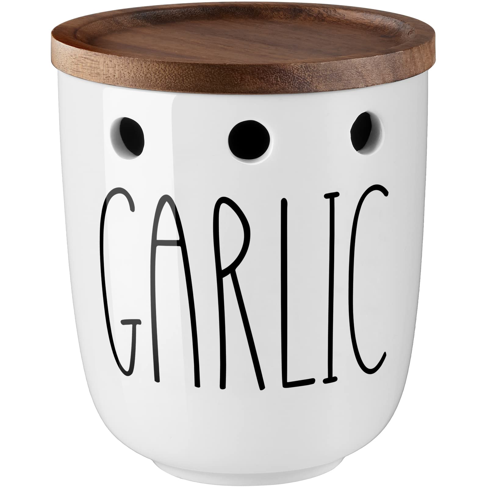 DAYYET Garlic Keeper for Counter, Ceramic Garlic Keeper with Acacia Wood Lid, Garlic Holder Storage Container to Keep Your Garli