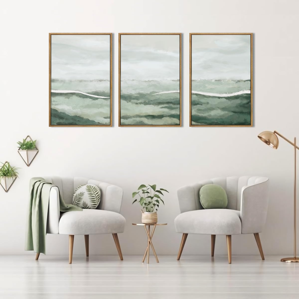 Anhuib Green Wall Art 16X24 Inch Large Canvas Wall Art Abstract Watercolor Wall Decor Misty Landscape Art Prints Framed Neutral