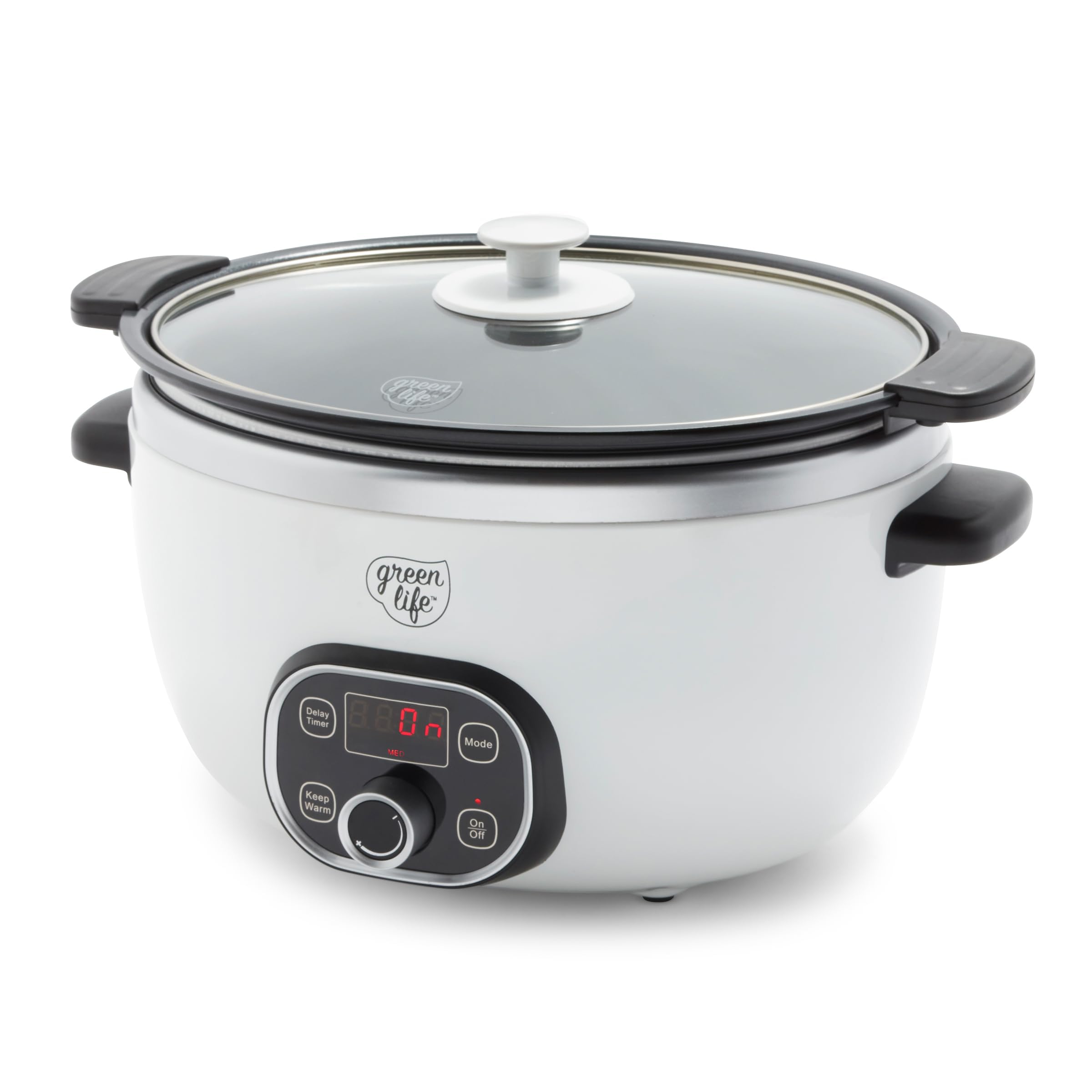 GreenLife 6QT Slow Cooker, PFAS-Free Ceramic Nonstick, Programmable, White, Model CC004774-001, Dishwasher Safe, Keep Warm Feature