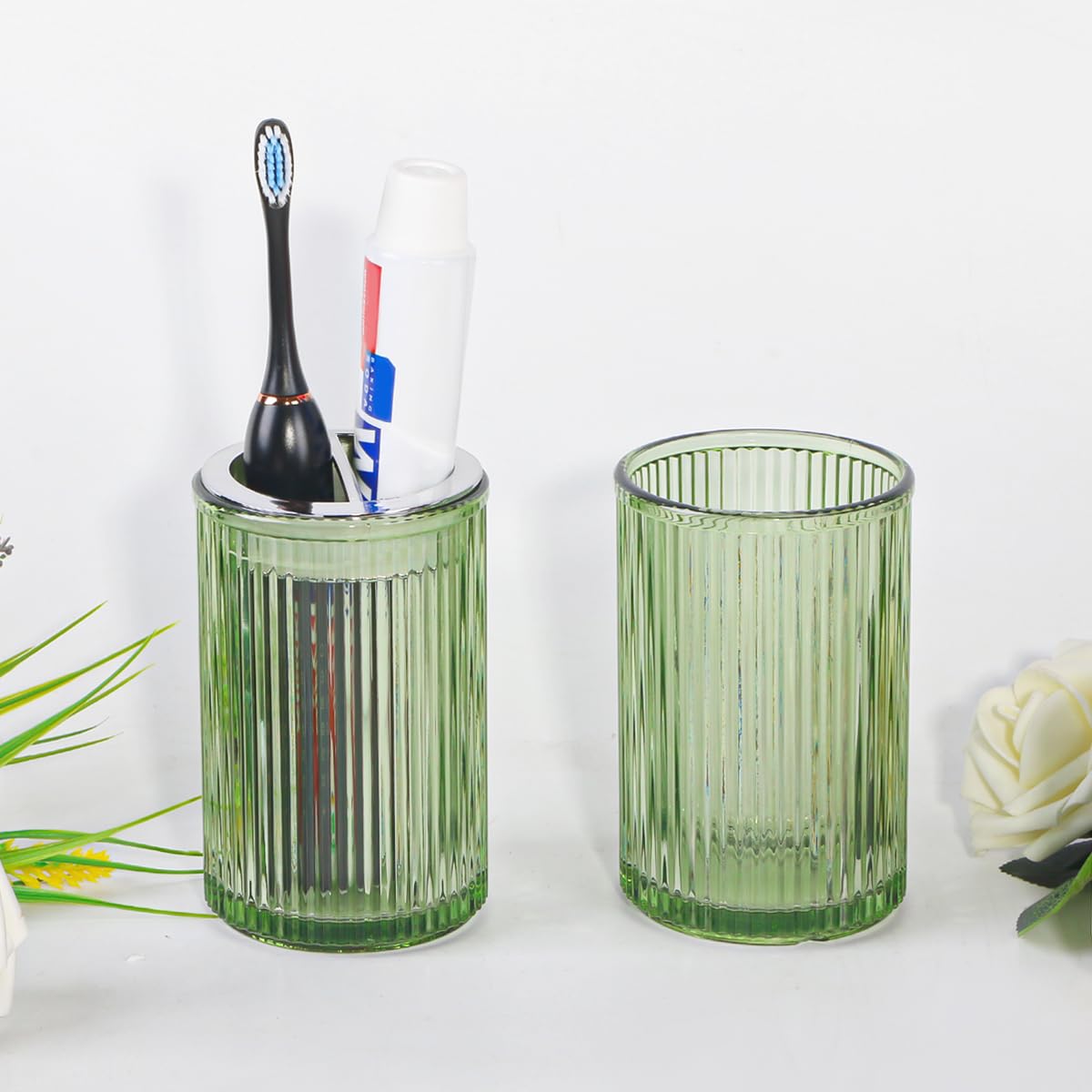 Tonxus Green Toothbrush Holders for Bathrooms, 2pcs Glass Toothbrush Holder and 12oz Bathroom Tumbler Cup Set, Silver Tooth Brus
