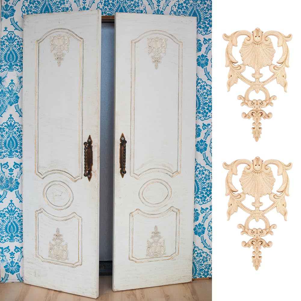 Superfindings 2Pcs Carved Wood Appliques Onlays Wooden Decal Corner Frame 7.5X4.6Inch Unpainted Wooden Onlay Wood Carving Appliq