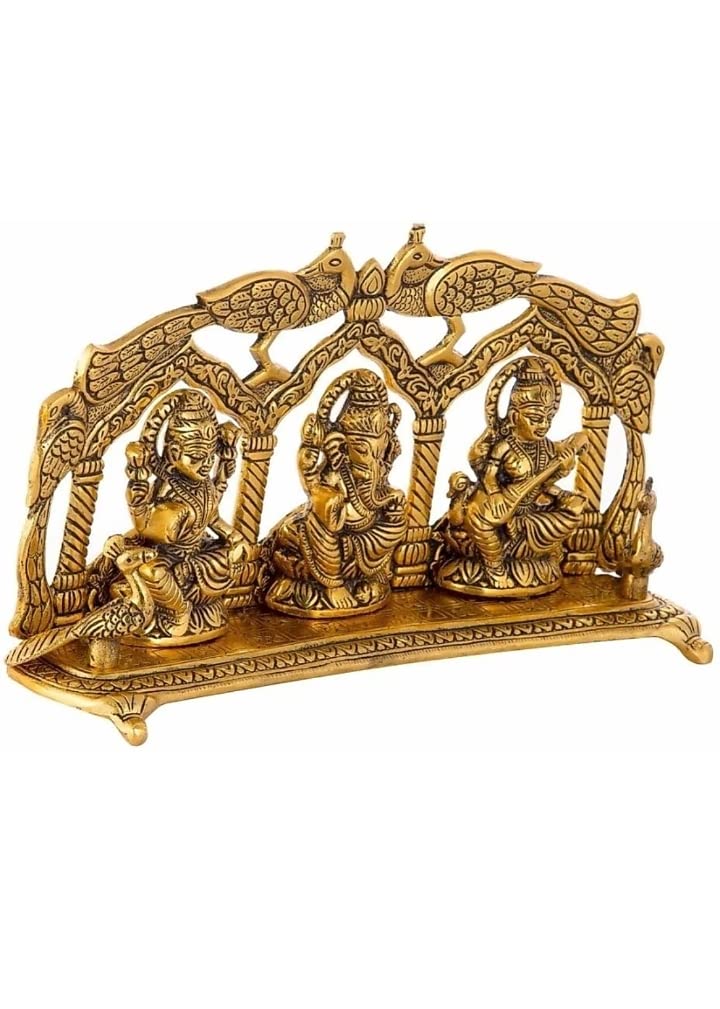 Labhcart Metal Laxmi Ganesh Saraswati Idol Decorative Murti Peacock Frame Metal Statue For Pooja & Decor Your Home, Office, Deco