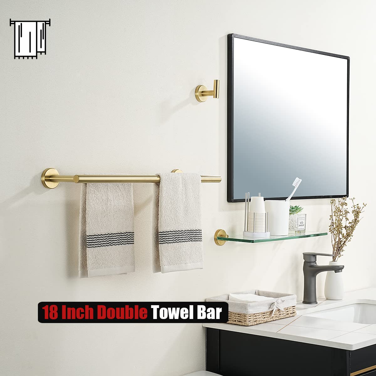 JQK Gold Double Towel Bar  16 Inch 304 Stainless Steel Thicken 0.8mm Towel Rack Bathroom  Towel Holder Brushed Gold Wall Mount  Total Length 19.16 Inch  TB100L16-BG