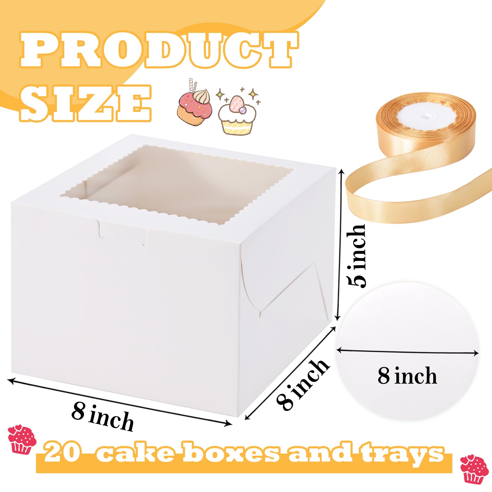 KPOSIYA 40pcs 8x8x5 inches Cake Boxes with Cake Boards(20 Boxes & 20 Boards), White 8 inch Cake Boxes with Window,Cajas Pasteles