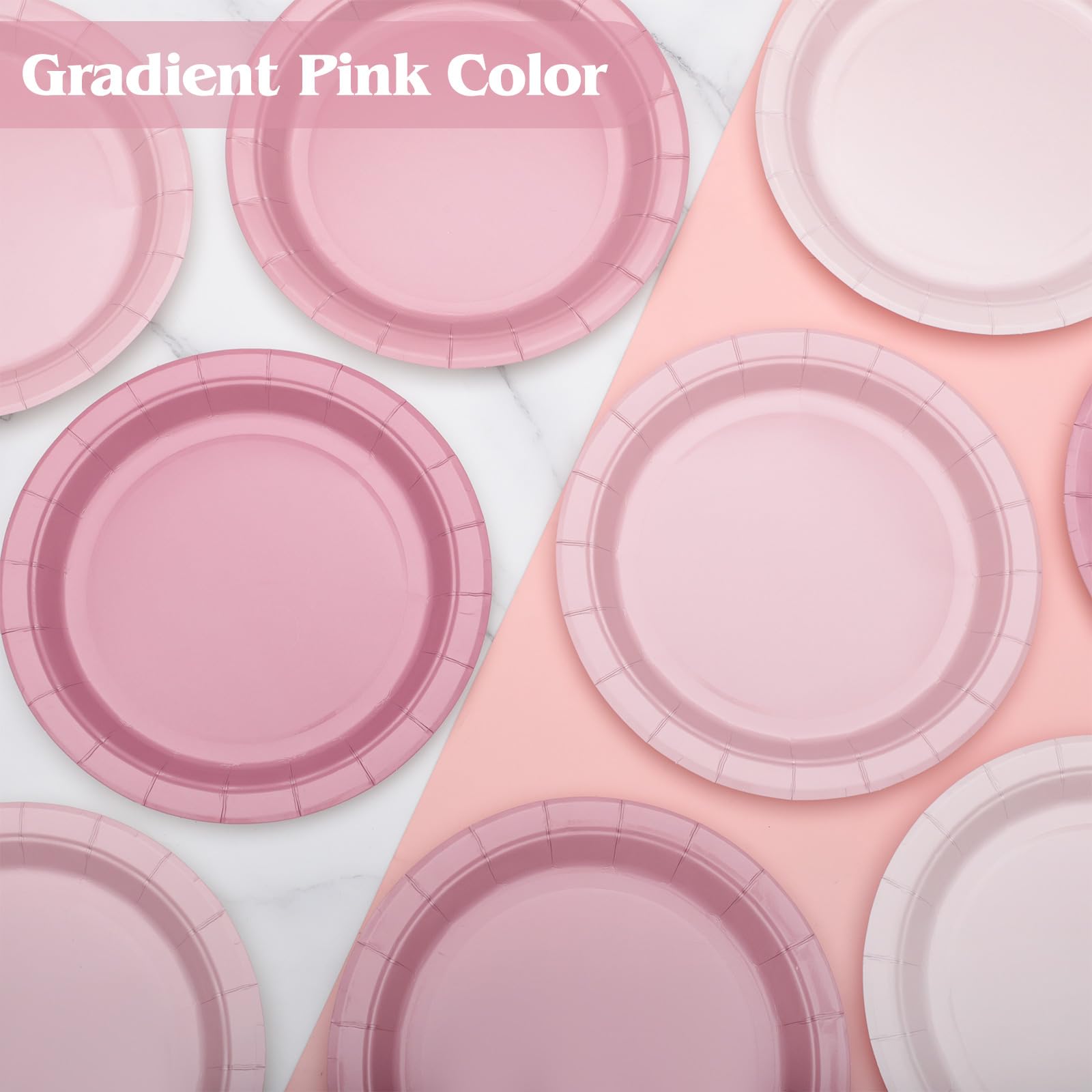 Xiangqu 120 Pcs Dusty Pink Paper Plates,9 Inch Pink Baby Shower Plates Gradient Pink Plates Valentines Plates Pink Dessert Plate
