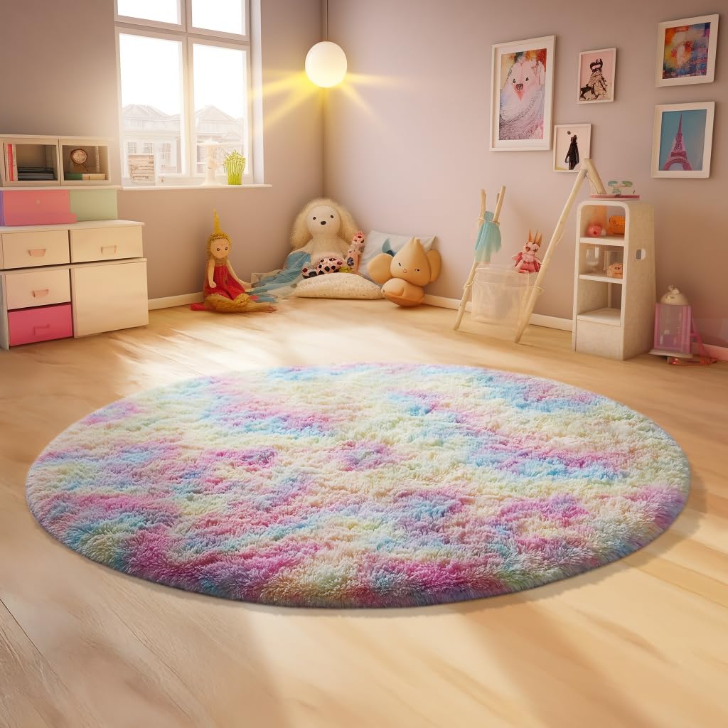Ophanie Round Rugs 4Ft Rainbow Circle Area Rug, Colorful Unicorn Bedroom Dorm Decor for Teen Girls, Cute Fluffy Fuzzy Plush Soft