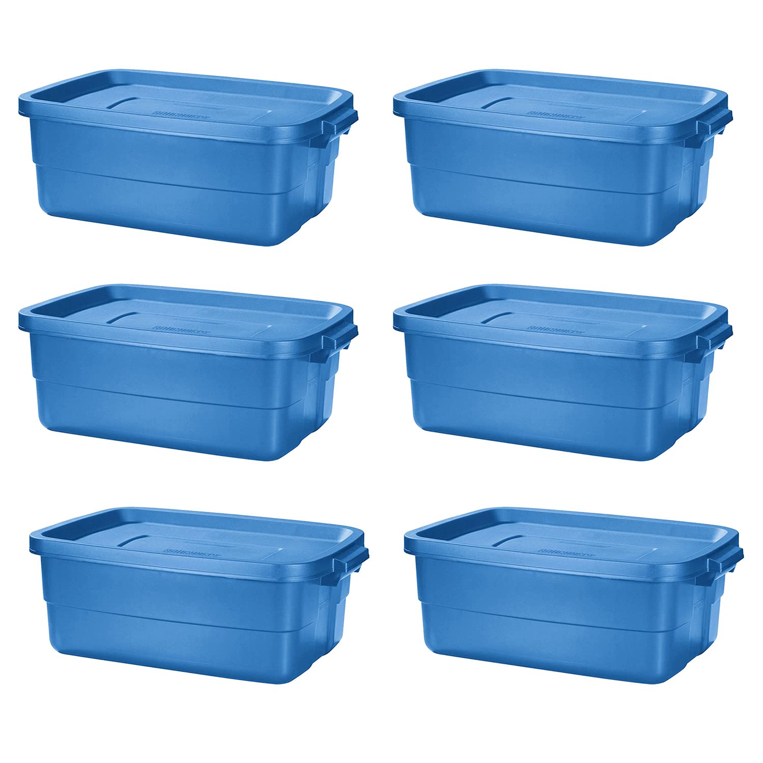 Rubbermaid Roughneck Tote 10 Gallon Stackable Storage Container W/ Stay Tight Lid & Easy Carry Handles, Heritage Blue (6 Pack)