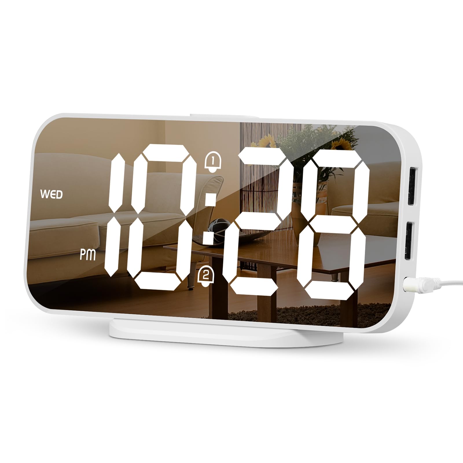ALANAS Slim Digital Alarm Clock for Bedrooms, Dual Alarms with Snooze, Big LED Mirror Display, 4-Level Dimmer & 2 USB Ports, Bat